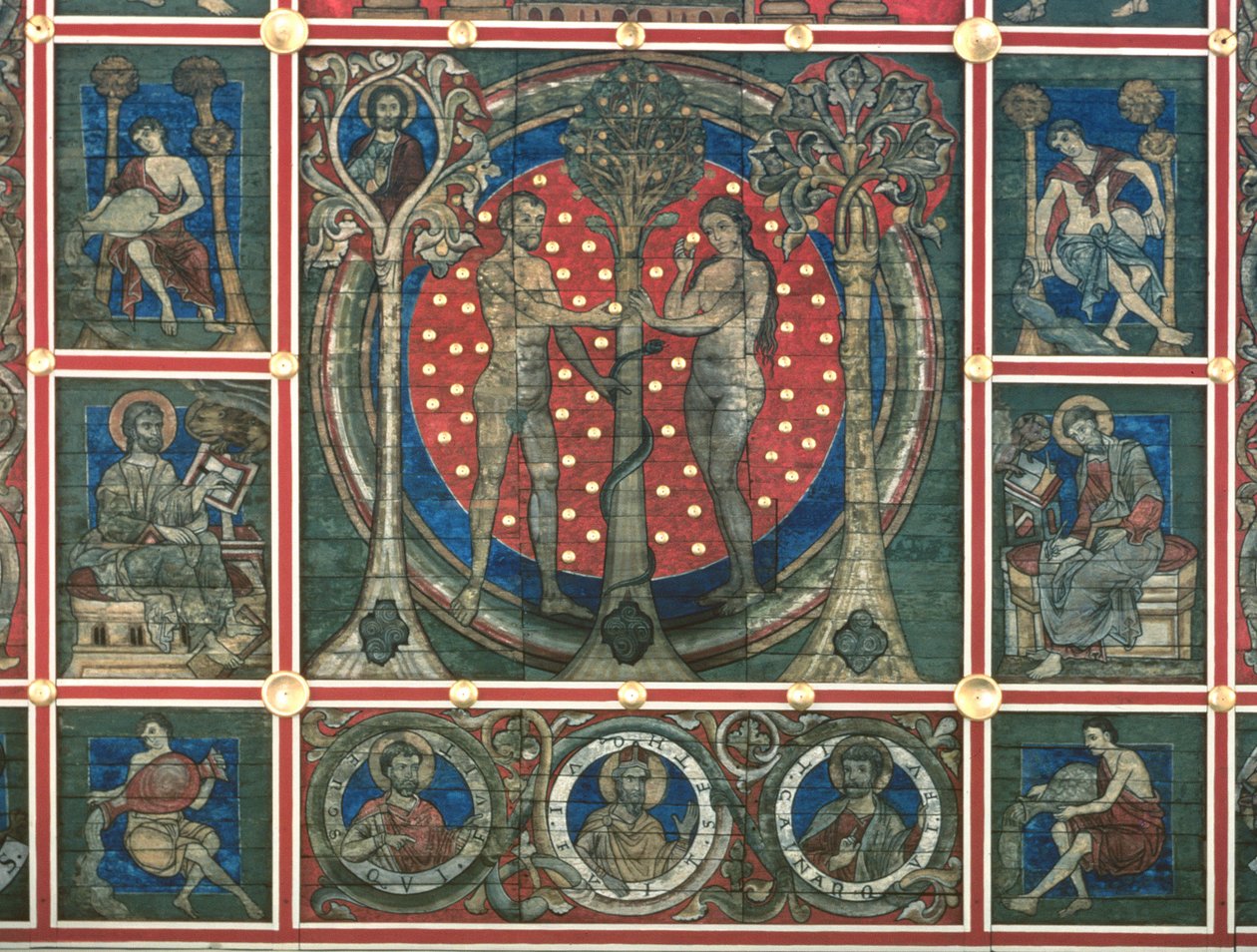 Aadam ja Eeva, yksityiskohta "Iisain puu" maalatusta katosta, jota reunustavat evankelistit, profeetat ja paratiisin joet, n. 1240-50 (tempera paneelissa) (katso myös 112366 ja 114784) tekijältä German School