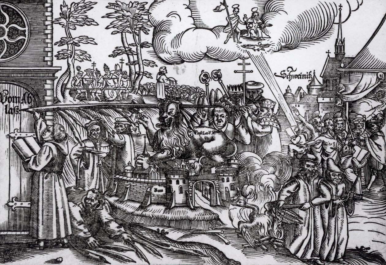 Martti Luther (1483-1546) kirjoittaa kirkon ovelle Wittenbergissä vuonna 1517 (puupiirros) (bw kuva) tekijältä German School