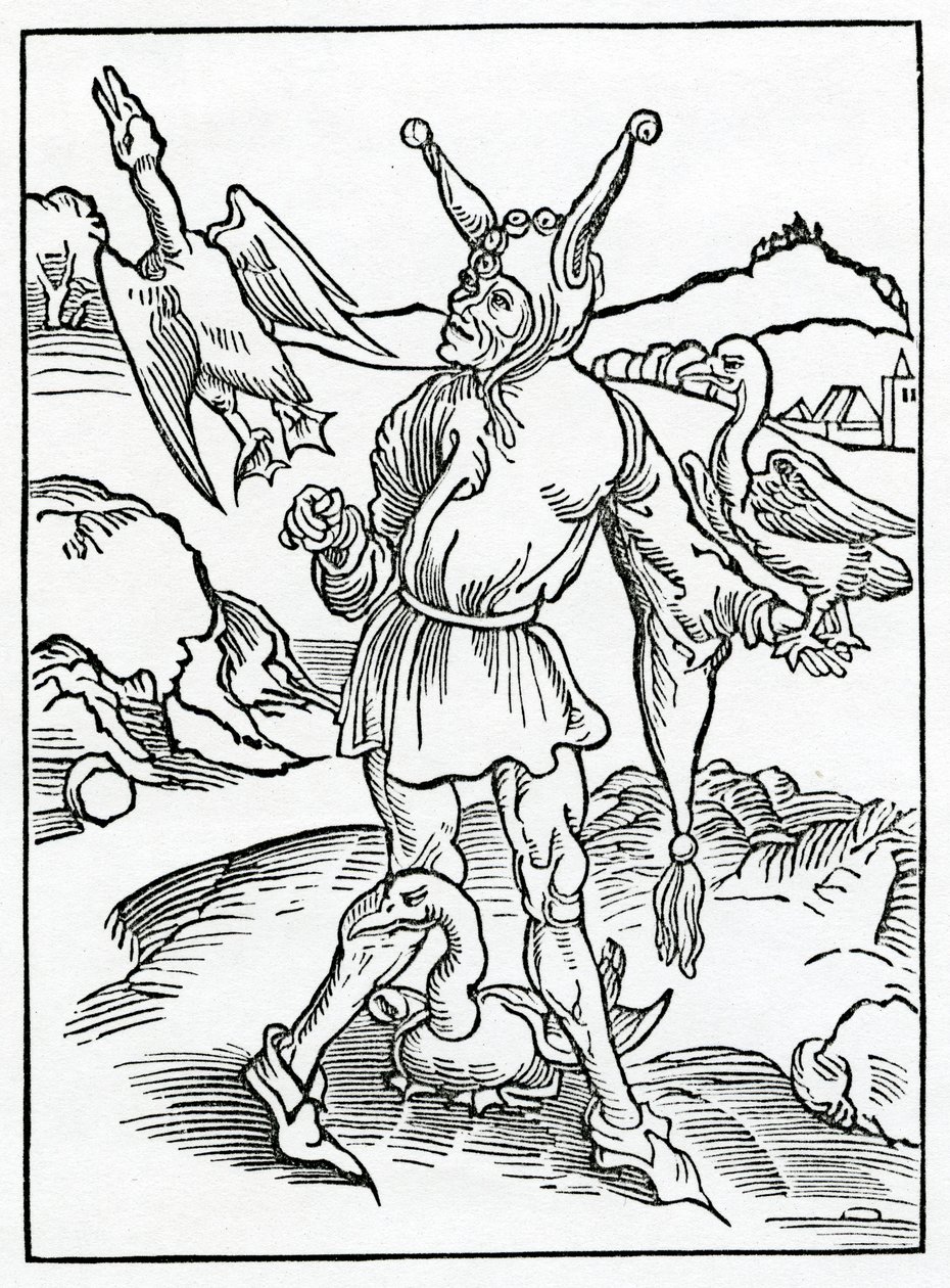 Hänestä, joka ei voi, eikä mikään wyll lerne, ja seyth moche, lytell berynge pois, I mene nat theuys, esimerkki Alexander Barclayn englanninkielisestä käännöksestä "The Ship of Fools", painoksesta tekijältä German School