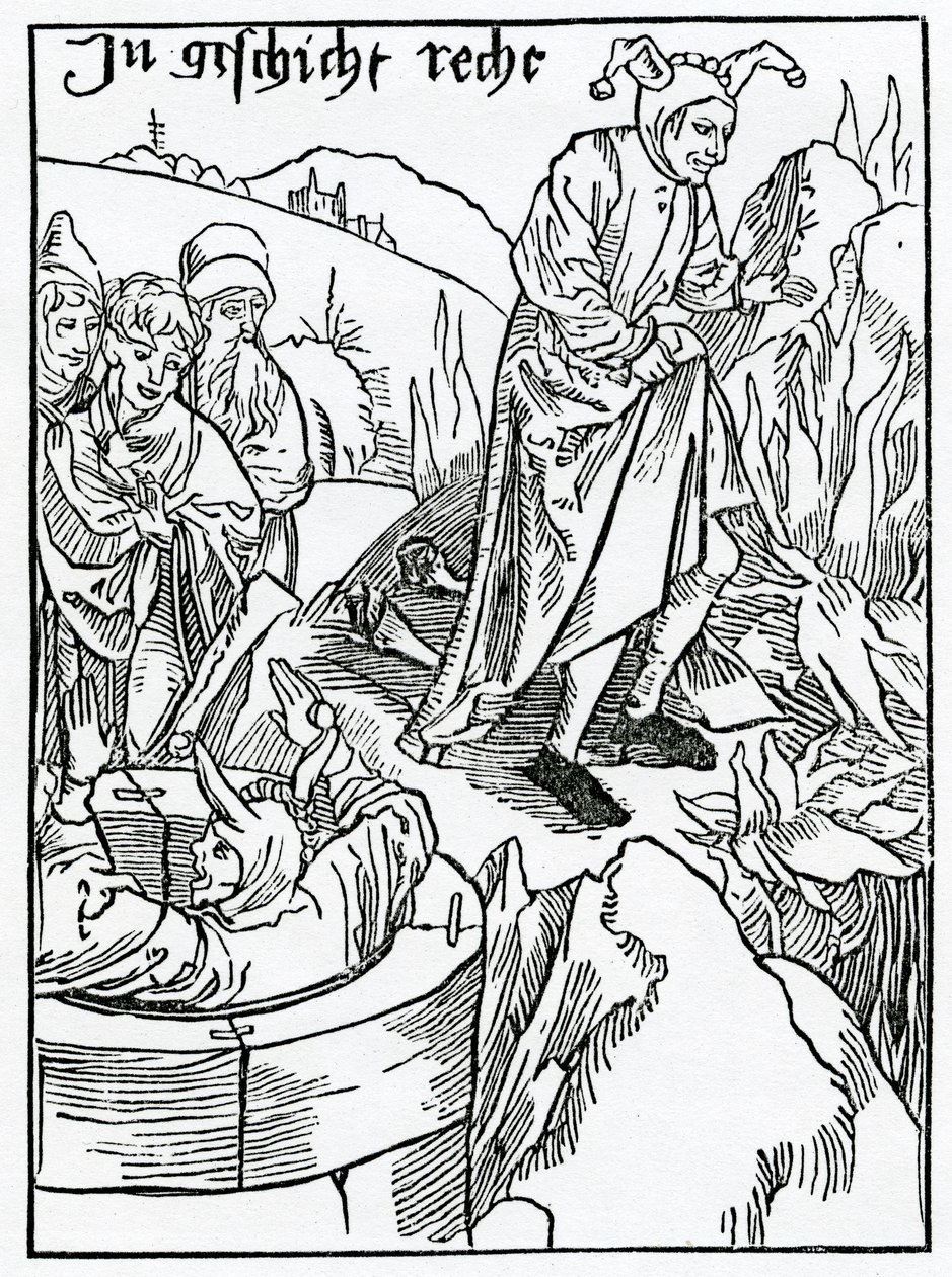 Heistä, jotka halutessaan ja tietoisesti asettivat itsensä ieopardiaan ja perylliin, esimerkki Alexander Barclayn englanninkielisestä käännöksestä "The Ship of Fools" vuonna 1874 julkaistusta painoksesta (kaiverrus tekijältä German School