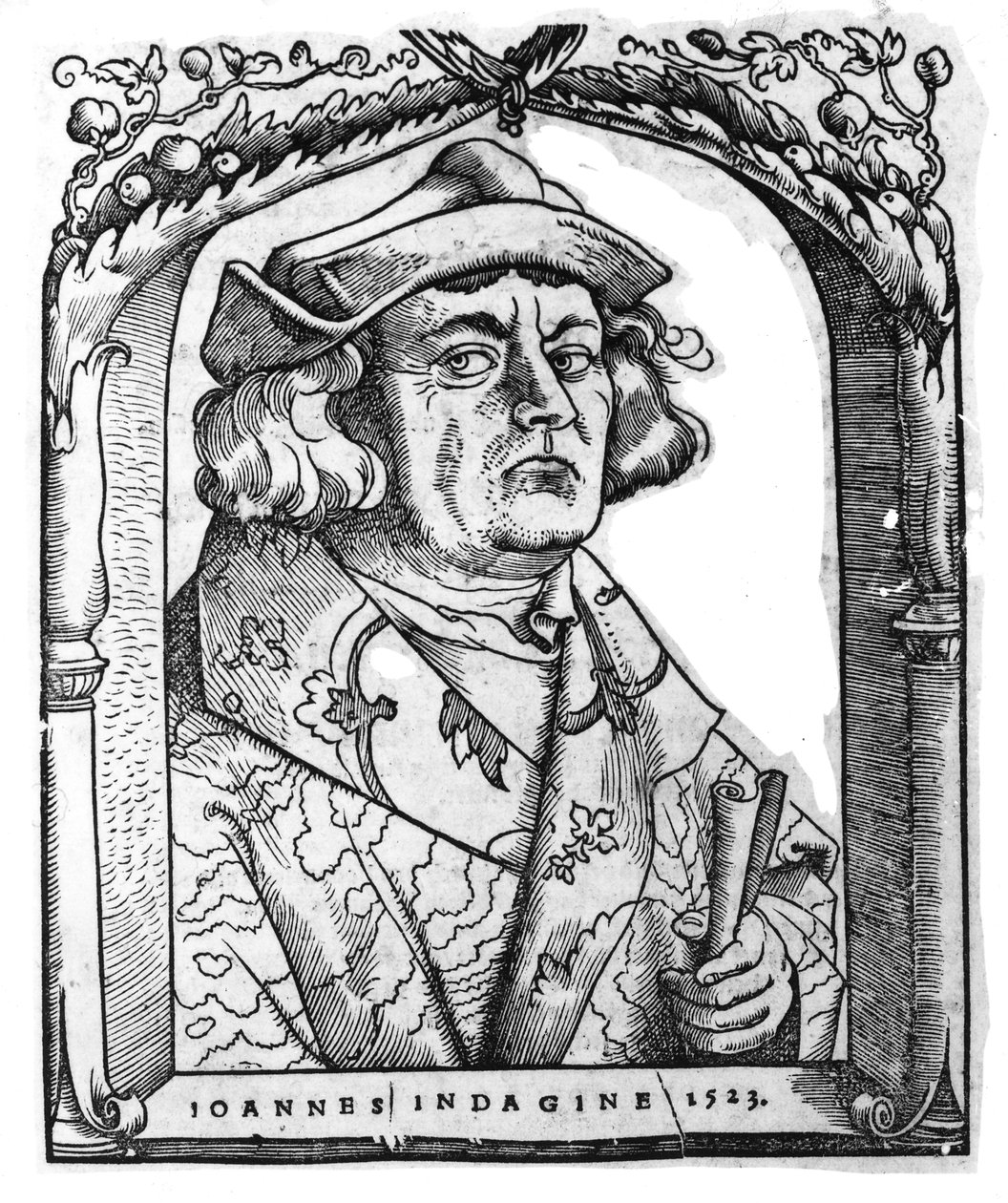Muotokuva John of Indaginesta, Hans Baldung Grienin mukaan, Ioannes ab Indaginen "Chiromantia", Strasburg 1531, kuvitettu 1800-luvun lopulla julkaistussa "History of Magicissa" tekijältä German School