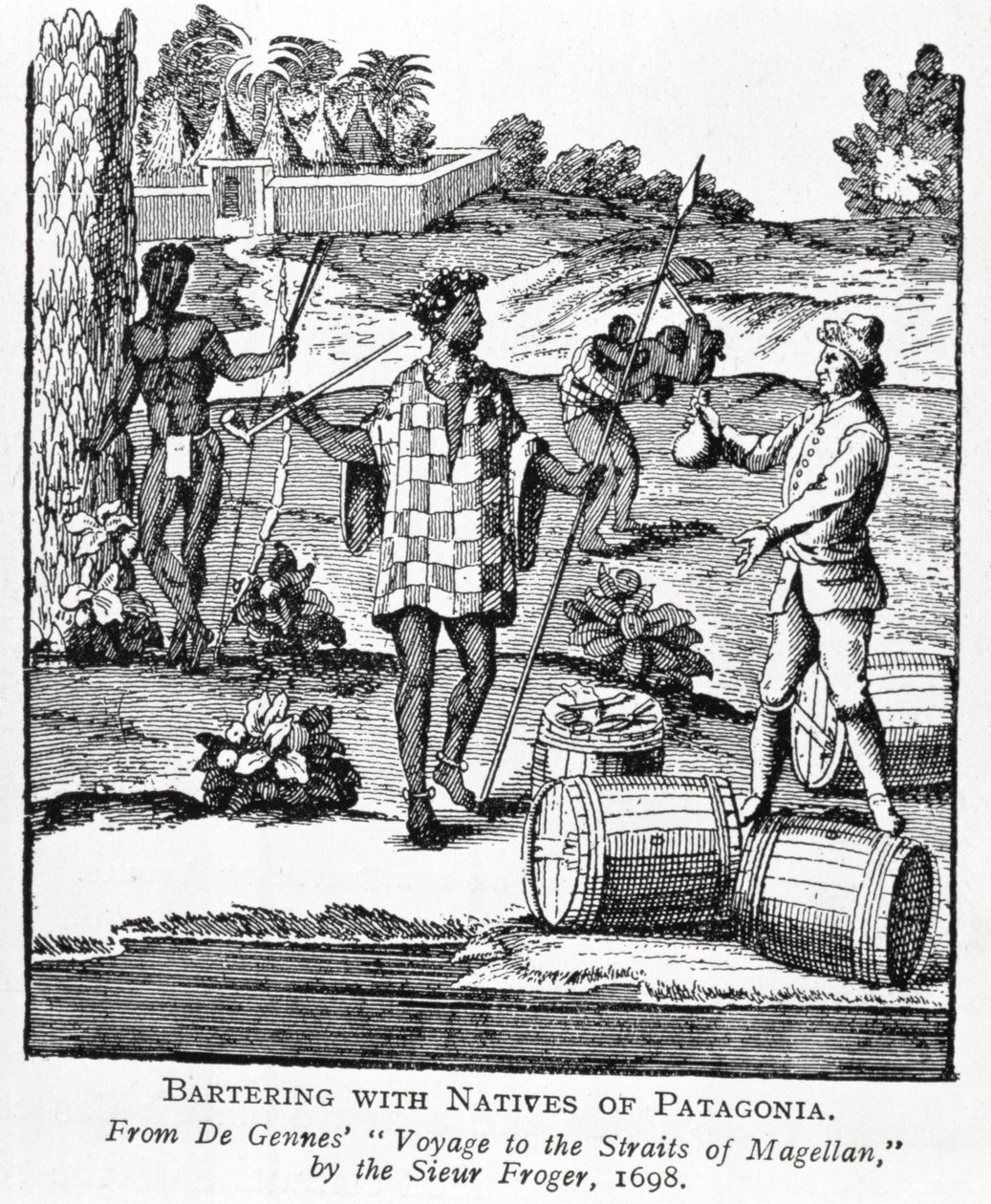 Espanjalainen tekee vaihtokauppaa Patagonian alkuasukkaiden kanssa, de Gennesin "Matka Magellaninsalmeen", kirjoittanut Sieur Froger, 1698, teoksesta "The Romance of the River Plate", osa I, kirjoittanut W. H. Koebel, 1914 (englanniksi). tekijältä German School