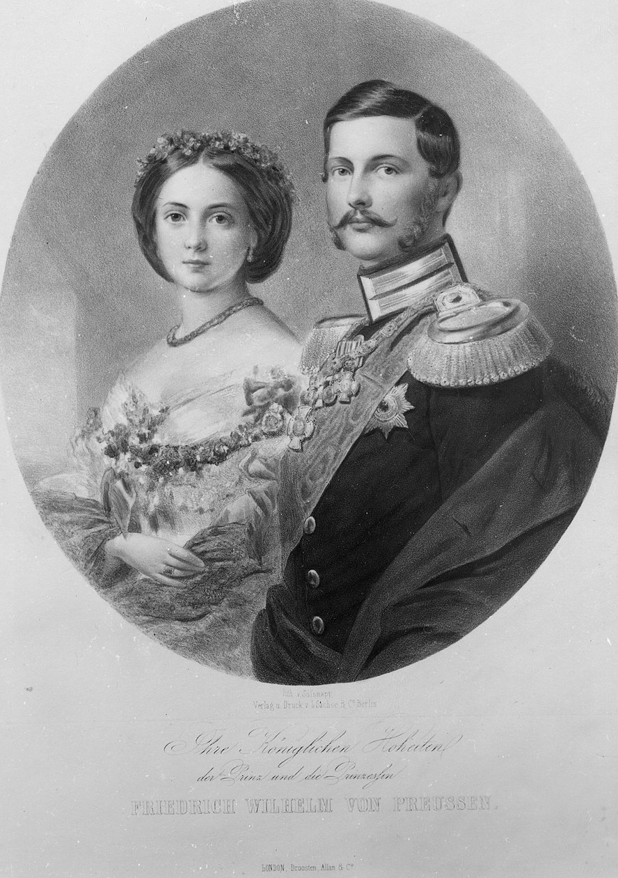 Häämuotokuva heidän kuninkaallisista korkeuksistaan prinsessa Victoriasta (1840-1901) ja Preussin kruununprinssi Fredrik Vilhelmistä (1831-88) 25. tammikuuta 1858, kaiverrettu Carl Sussnappin toimesta. tekijältä German School