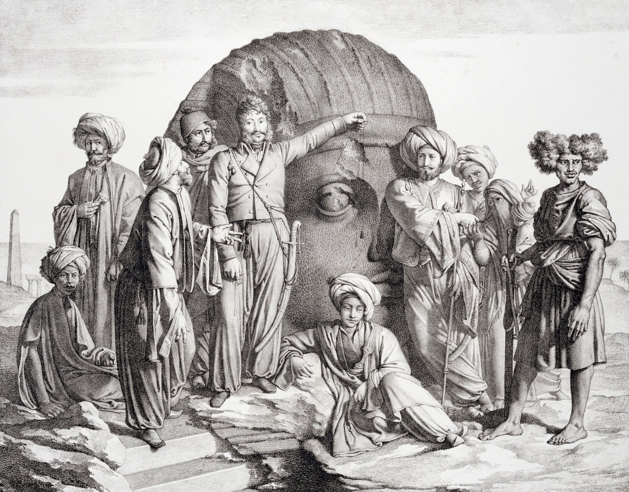 Monsieur Drovetti ja hänen seuraajansa mittasivat luotiviivalla valtavan pään Egyptin autiomaassa, kaiverrettu G. Engelmann, Comte de Forbinin teoksesta "Voyage dans le Levant", julkaistu 1819 (valaistu tekijältä Granger