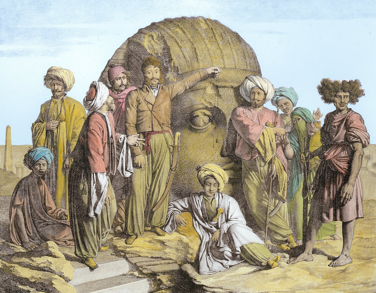 Monsieur Drovetti ja hänen seuraajansa mittasivat luotiviivalla valtavan pään Egyptin autiomaassa, kaiverrettu G. Engelmann, Comte de Forbinin teoksesta "Voyage dans le Levant", julkaistu 1819 (valaistu tekijältä Granger