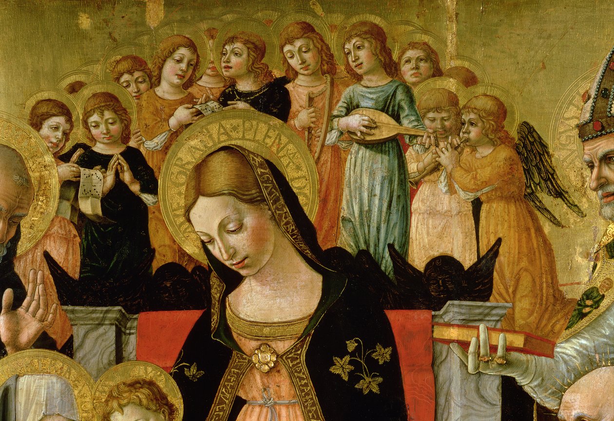 Pyhän Katariinan Sienan häät, yksityiskohta Neitsyen ja enkelien päästä, n. 1481-1500 (tempera ja öljy paneelissa) (katso myös 99056) (katso yksityiskohdat 99638) tekijältä Lorenzo d Alessandro da Severino II