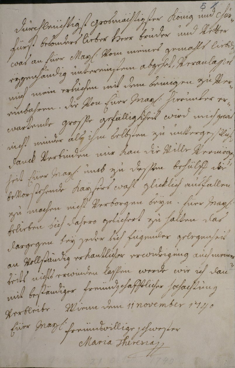 Maria Teresan kirje kuningas Fredrik II:lle, jossa pyydetään hänen tukeaan hänen aviomiehensä Francis I:n keisarivaaleille, 11. marraskuuta 1740 (kynä ja muste paperille) tekijältä Maria Theresa of Austria