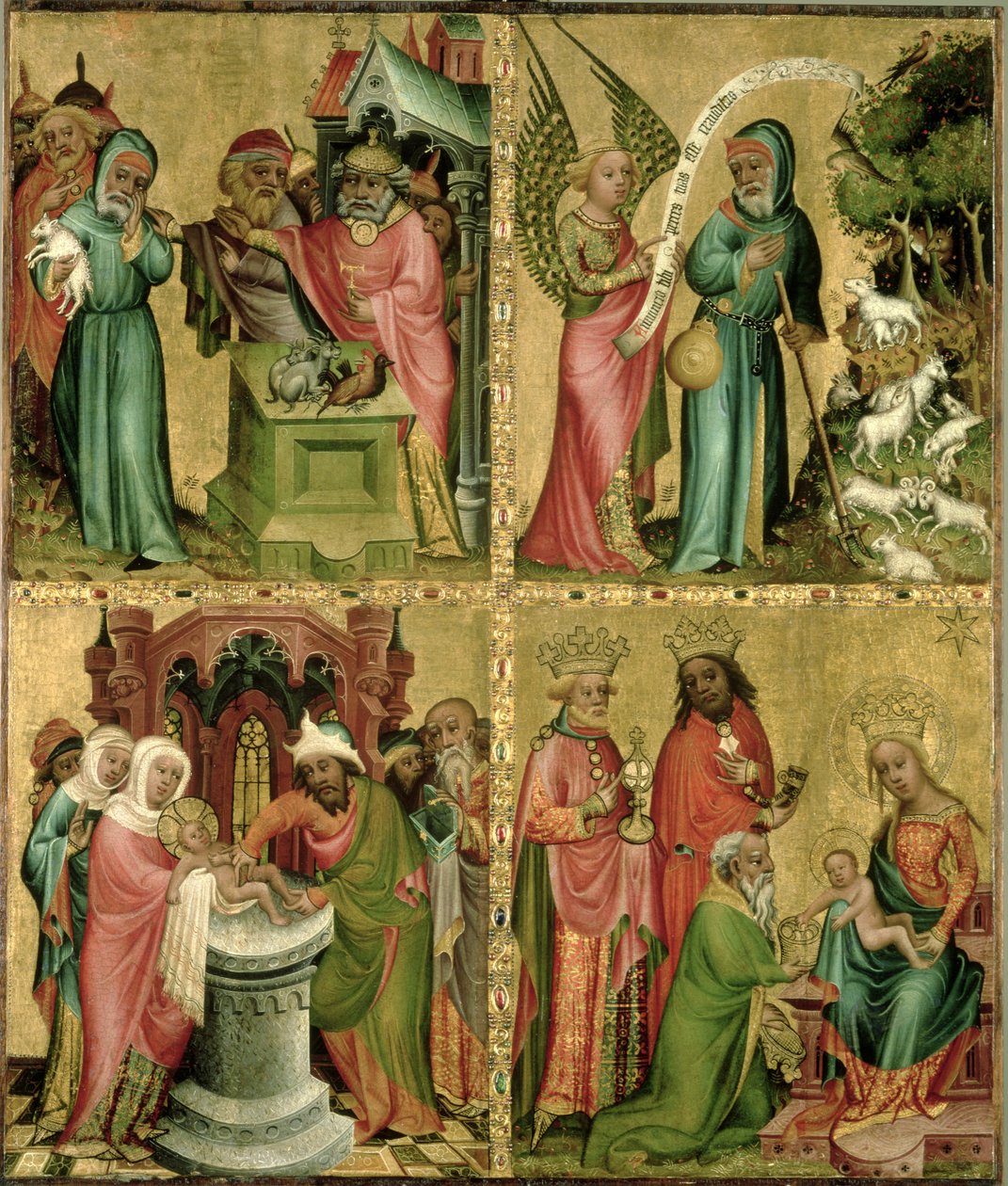 Joakimin uhri, Kristuksen ympärileikkaus, julistus Pyhälle Joakimille ja tietäjien palvonta Buxtehuden alttarin vasemmasta siivestä, 1400-10 (tempera paneelissa) tekijältä Master Bertram of Minden