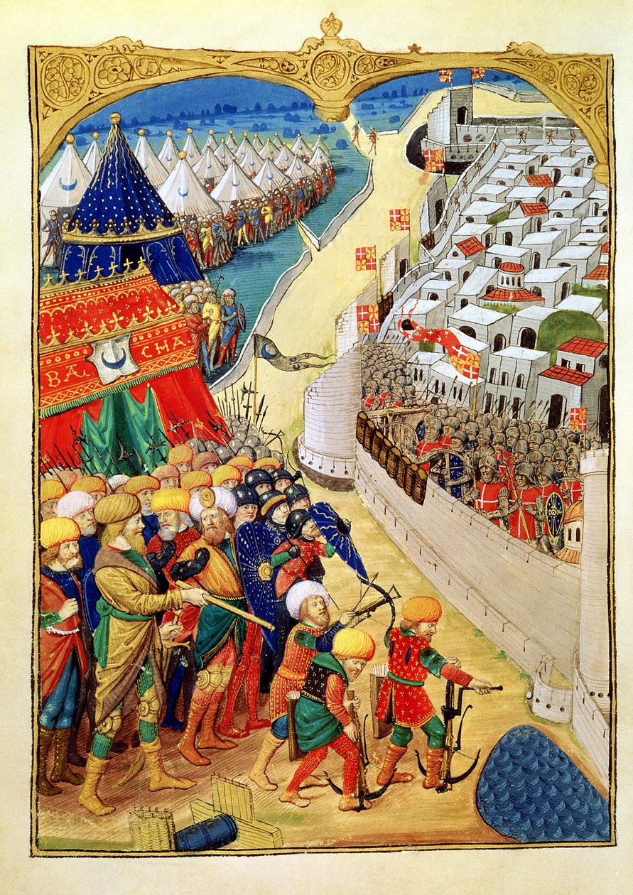 Lat 6067 f.55v Turkin joukot valmistautumassa taisteluun Rodoksen muurien ulkopuolella vuonna 1480, Guillaume Caoursinin teoksesta A History of the Siege of Rhodes, 1483 tekijältä Master of Cardinal de Bourbon