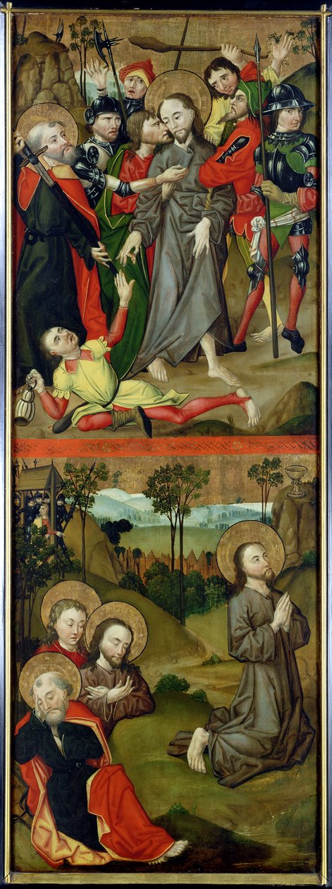 Kristuksen ja Kristuksen pidätys Getsemanen puutarhassa, paneeli alttaritaulusta, joka kuvaa kohtauksia kärsimyksestä ja pyhimyksistä, 1490 (katso myös 144538-40) tekijältä Master of the Luneburg Footwashers
