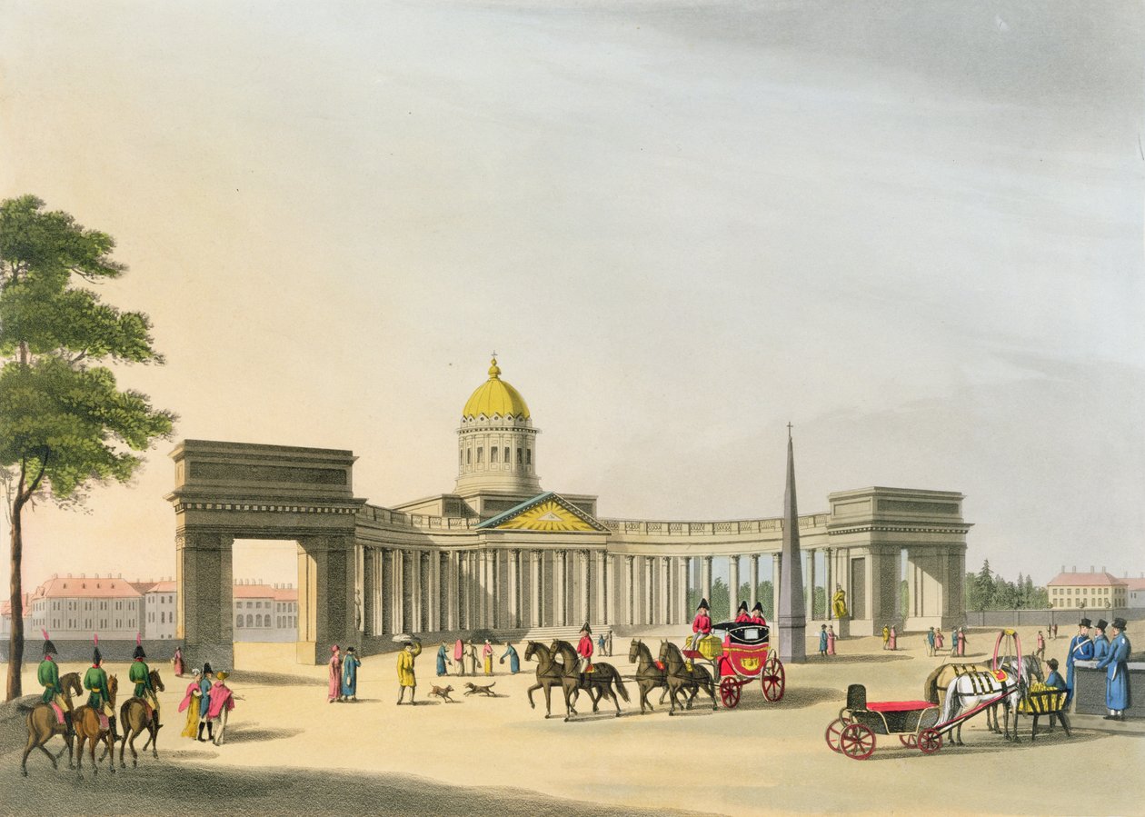 Näkymä Kassanin aukiolle ja Pietarin katedraalille, lokakuun kuvitus teoksesta "Vuosi Pietarissa", kaivertanut John H. Clark, värittänyt M. Dubourg, pub. Edwar 1815 Lontoossa tekijältä Mornay