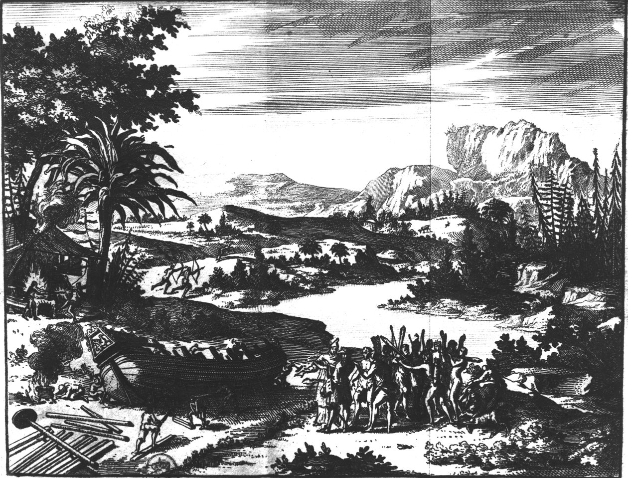 Rene Robert Cavelier de la Sallen (1643-87) "griffon" rakentaminen Erie-järven rannalla, "Voyages Curieux de M. de Hennequin et de M. de la Borde", 1711 tekijältä Netherlandish School