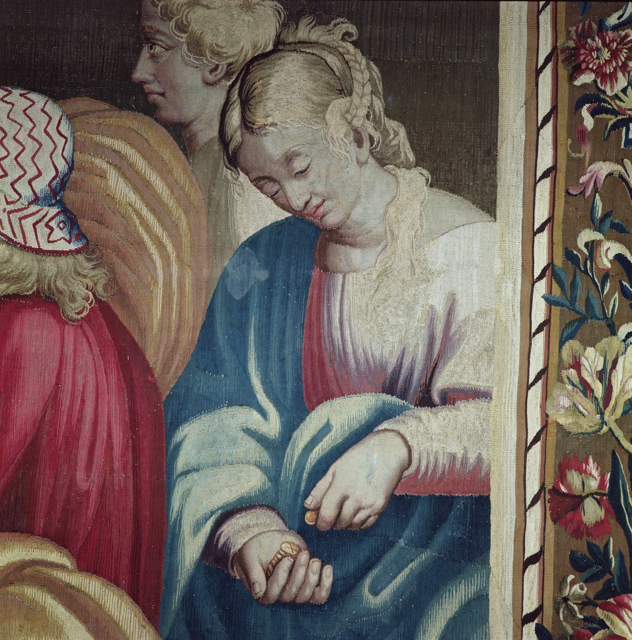 Apostolien tekoja, Ananiaksen kuolemaa kuvaava kuvakudos (Sapphira, Ananiaan vaimo laskemassa kolikoitaan), kudottu Beauvais Workshopissa Philippe Behaglen (1641-1705) johdolla, 16 tekijältä Raffaello Sanzio Raphael