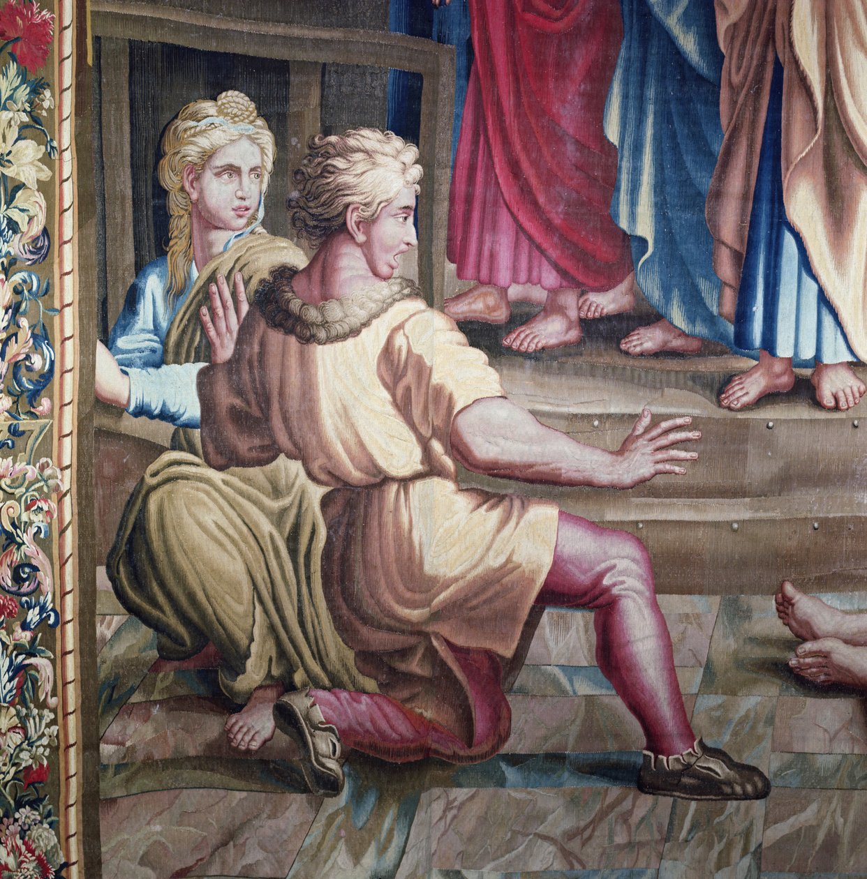 Apostolien tekoja, Ananiaksen kuolemaa kuvaava kuvakudos (yksityiskohta kahdesta kauhistuneesta katsojasta), joka on kudottu Beauvais Workshopissa Philippe Behaglen (1641-1705) johdolla, tekijältä Raffaello Sanzio Raphael