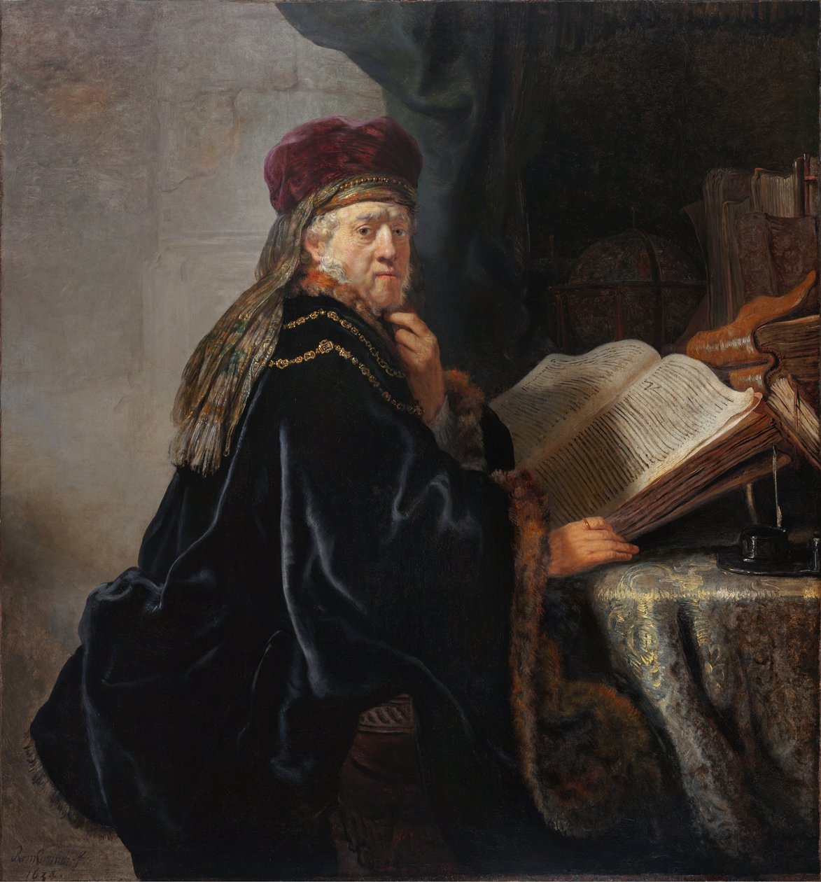 Een geleerde in zijn studievertrek tekijältä Rembrandt van Rijn