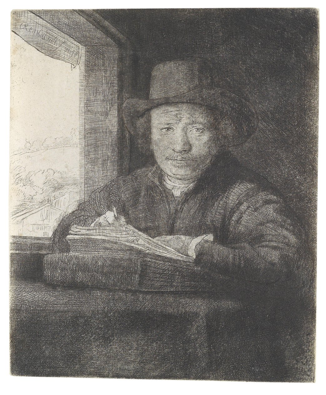 Selbstbildnis am Fenster zeichnend tekijältä Rembrandt van Rijn