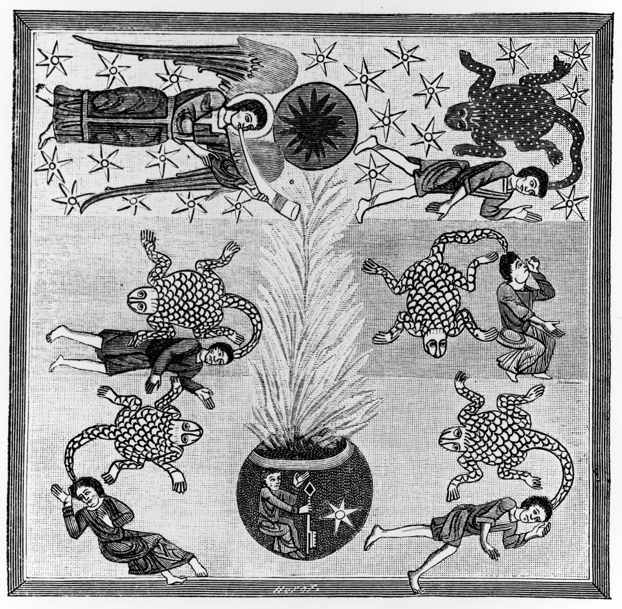 "Syvyydestä nousevasta savusta syntyy skorpioneja, jotka ruoskivat ihmisiä", Asturian munkin Beatus of Liebana Commentary on the Apocalypse, n.776, kuvitus teoksesta "Science and Li" tekijältä Spanish School