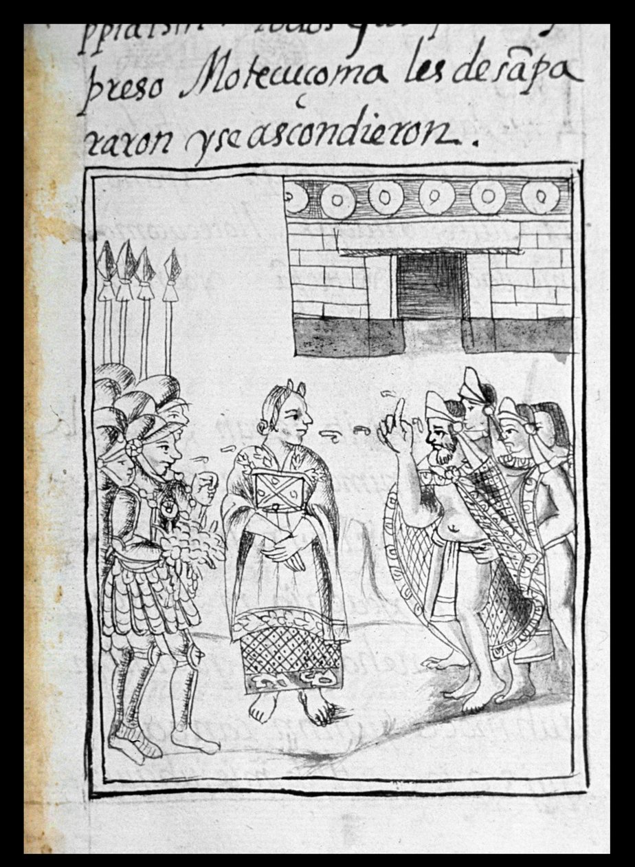 rouva Palat. 218-220 Kirja IX Marina tulkkaus espanjalaisille Hernando Cortesin ja Montezuman (1466-1520) kokouksessa, Bernardino de Sahagunin "Florentinan koodeksista", n. 1540-85 tekijältä Spanish School