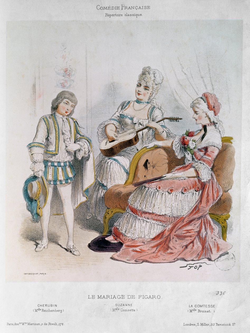 Mademoiselle Reichemberg Cherubinina, Mademoiselle Croizette Suzannena ja Mademoiselle Broisat kreivitärnä Pierre-Augustin Caron de Beaumarchaisin (1732-99) "Figaron häissä" (väri) tekijältä Stop