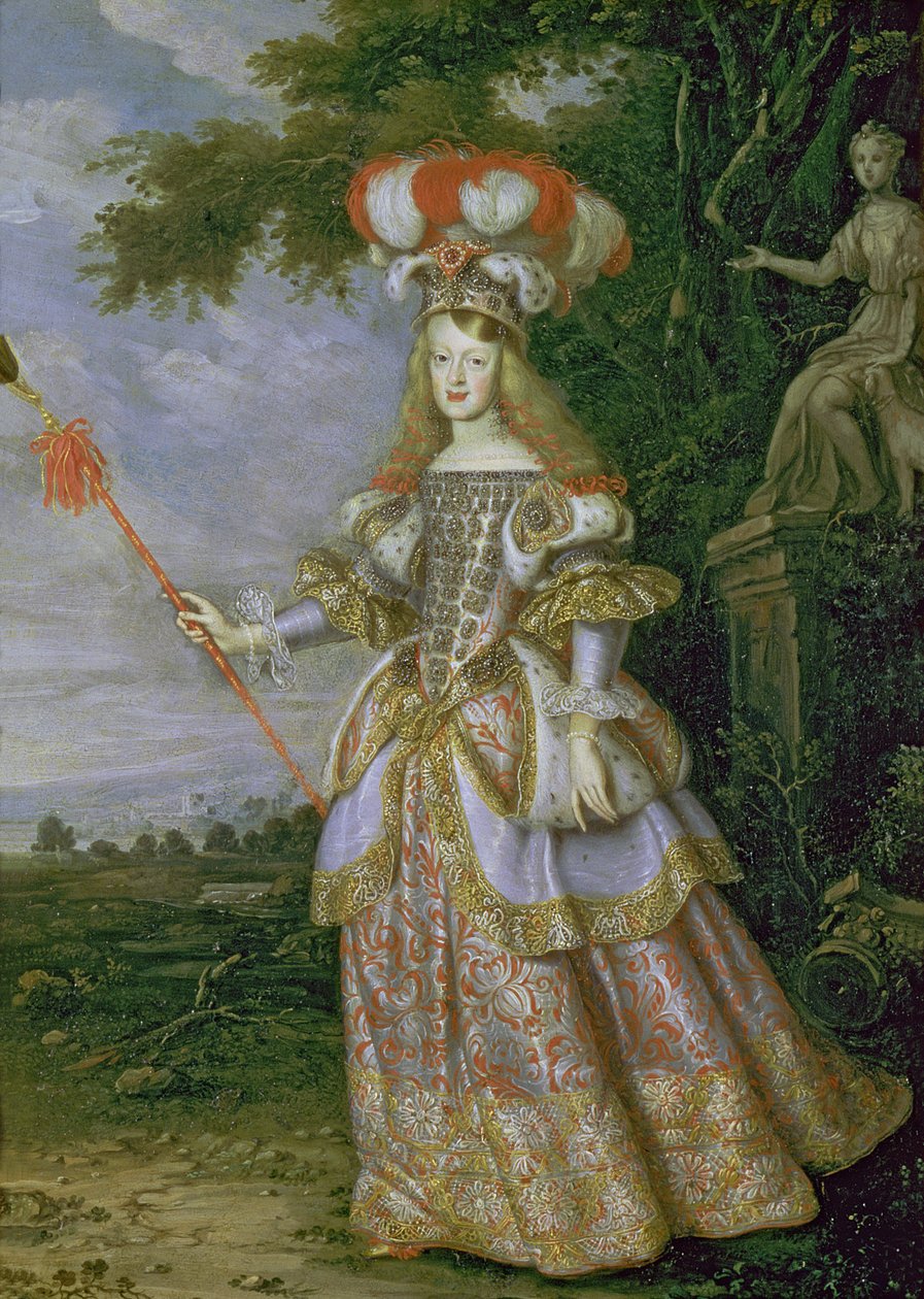 Keisarinna Margaret Theresa (1651-73), Itävallan keisari Leopold I:n (1640-1705) ensimmäinen vaimo, pukeutunut La Galatean hahmoksi, Antonio Draghin säveltämä favola, 1667 (öljy kuparille) tekijältä Thomas of Ypres