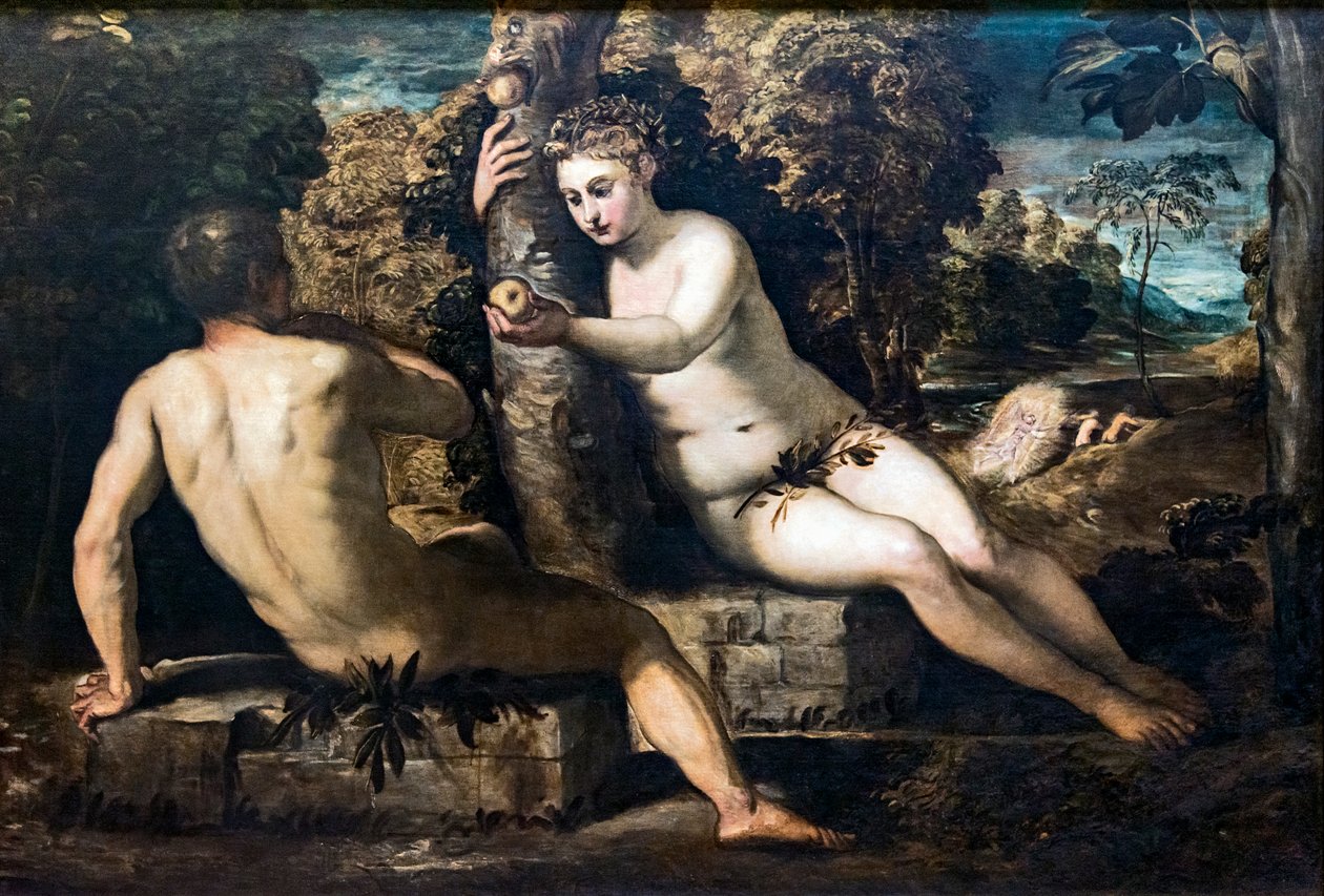 Aadamin ja Eevan kiusaus tekijältä Tintoretto