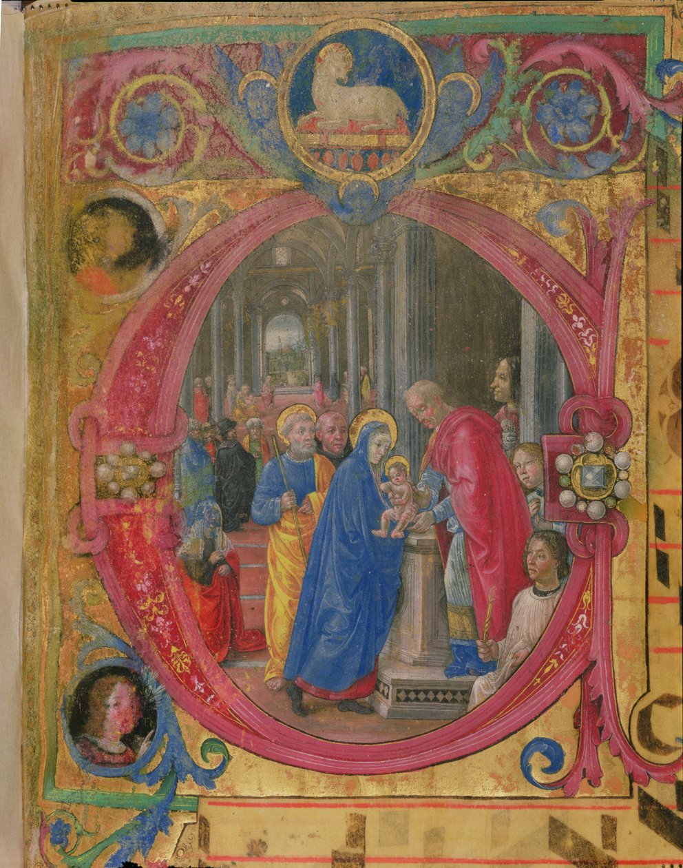 Corale B 26 c.113r Historioitu alkukirjain "C", joka kuvaa esitystä temppelissä, ja Lorenzo the Magnificentin (1449-92) muotokuva pylvään oikealla puolella (katso de 179197 tekijältä Tommaso di Baldassare
