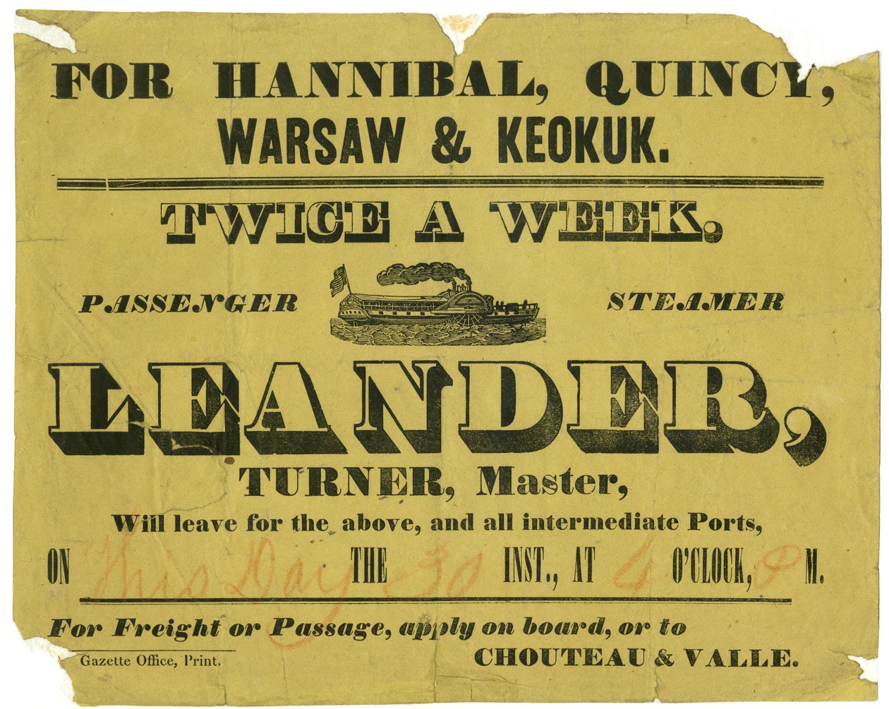 Mainos S.S.Leanderille, rahti tai kulku kahdesti viikossa, Hannibalille, Quincylle, Varsovalle ja Keokukille, n. 1850 tekijältä Unknown