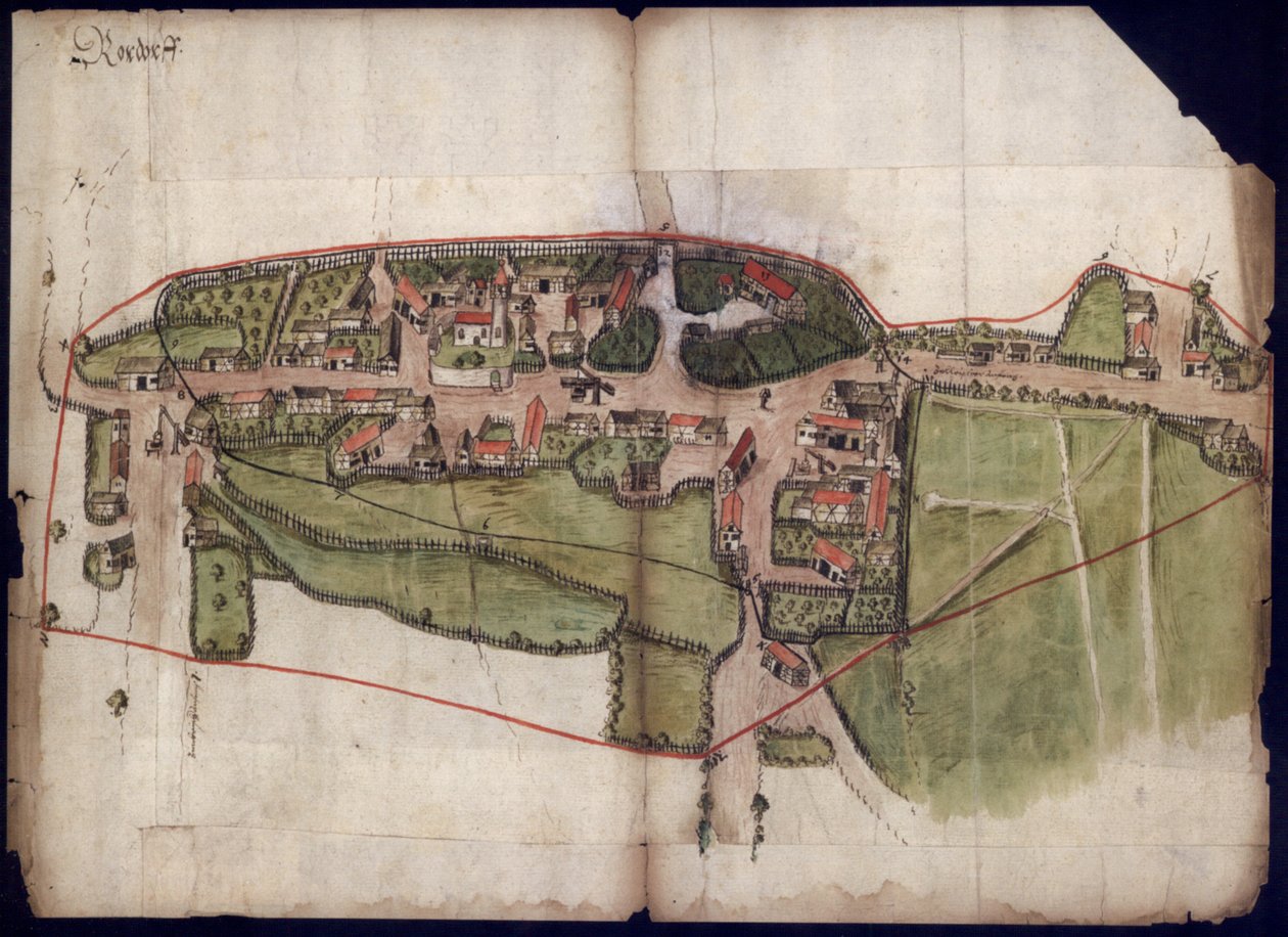 Ansicht des Dorfes Rohrdorf bei Meßkjirch auf einer Vogelschaukarte von 1576 tekijältä Unknown