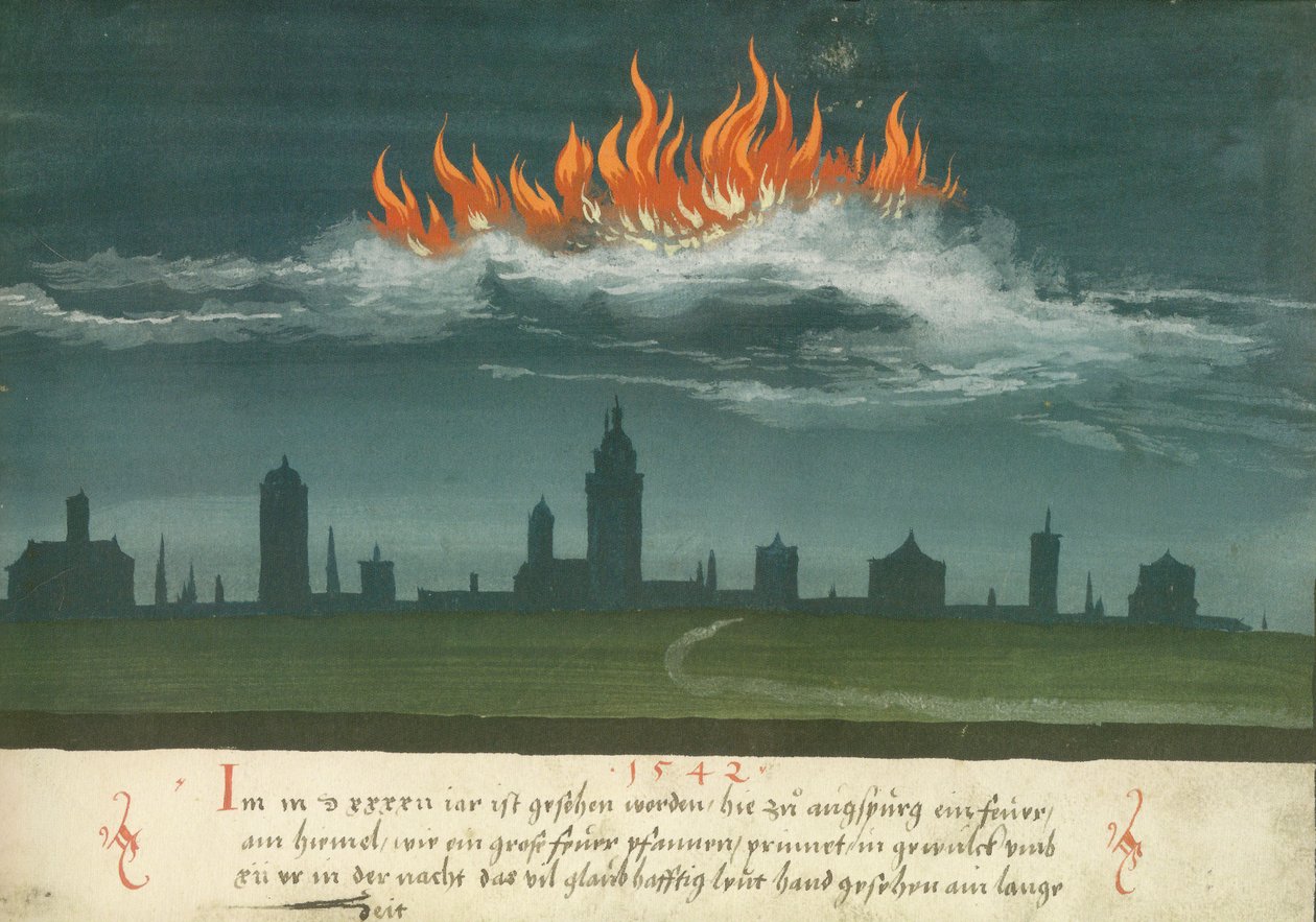 Augsburger Wunderzeichenbuch - Folio 144: Himmelsfeuer über Augsburg 1542 tekijältä Unknown