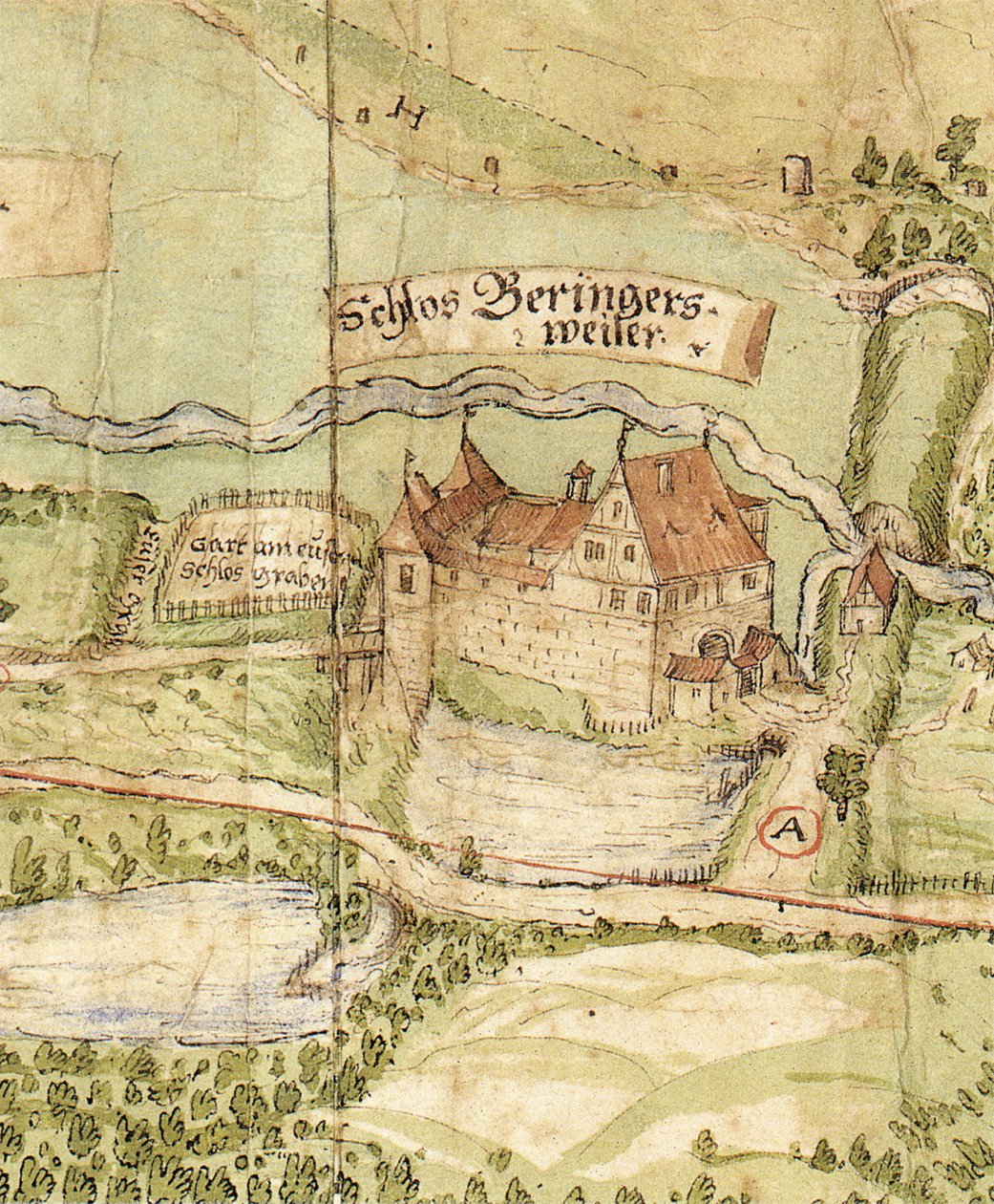 Das mittlerweile verschwundene Schloss Böhringsweiler bei Wüstenrot (heute auf Gemarkung der Gemeinde Großerlach) im 16. Jahrhundert tekijältä Unknown
