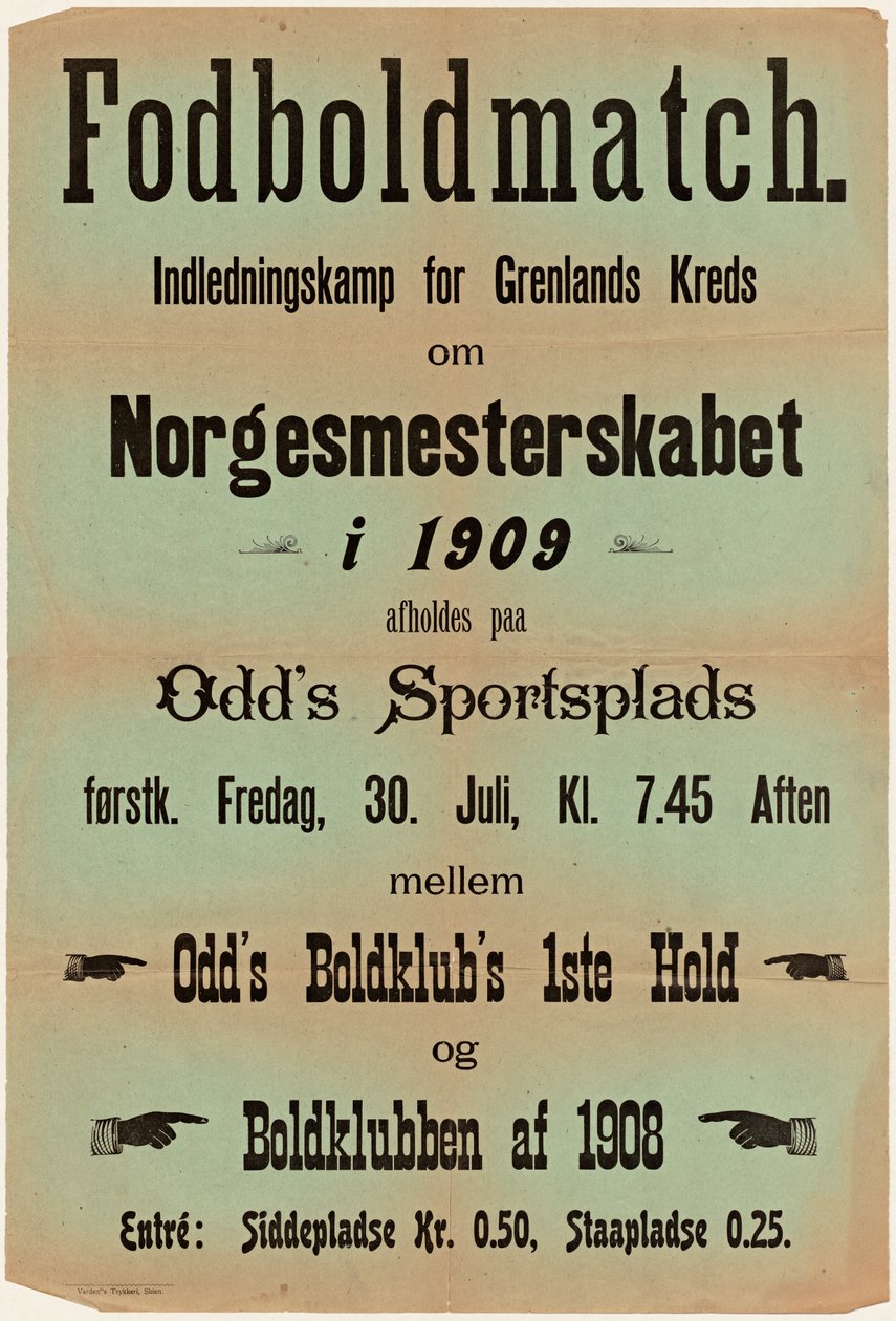 Fodboldmatch. Indledningskamp for Grenlands Kreds om Norgesmesterskabet i 1909 afholdes paa Odd’s Sportsplads førstk. tekijältä Unknown
