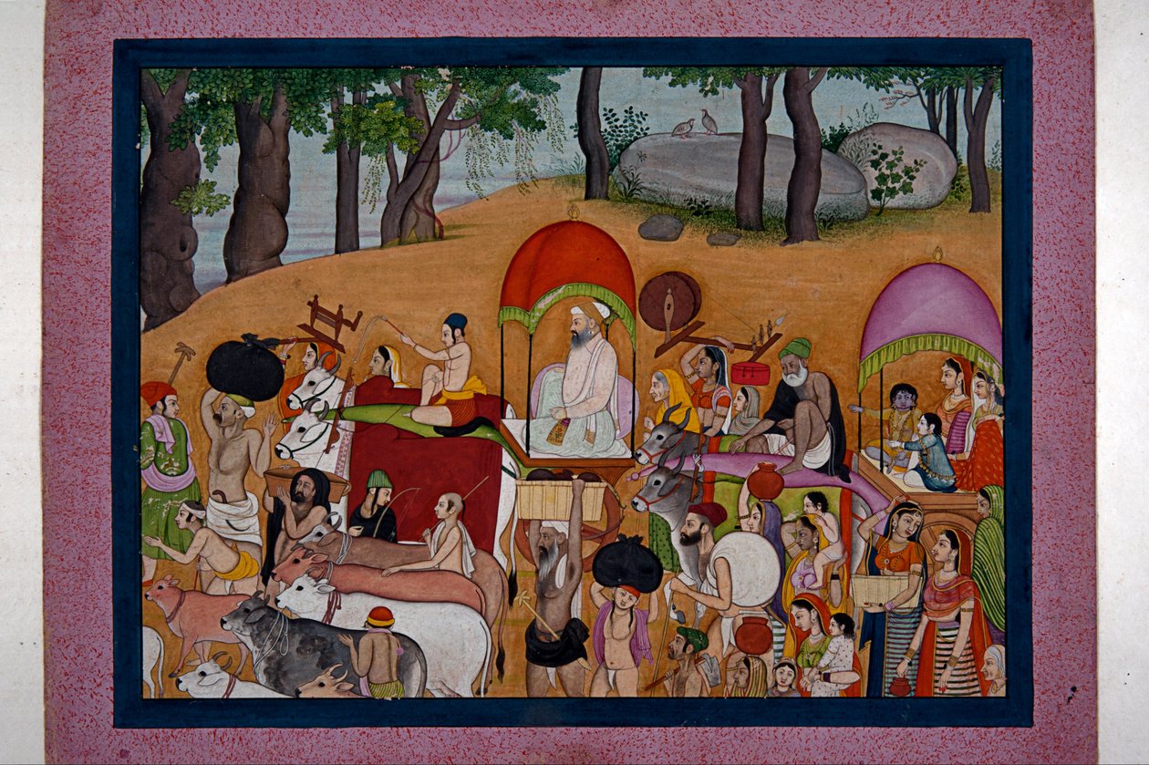 Nanda ja muut lehmänpaimenet muuttavat Vrindavanaan Perustuu Bhagavata - Puranan tarinaan tekijältä Unknown
