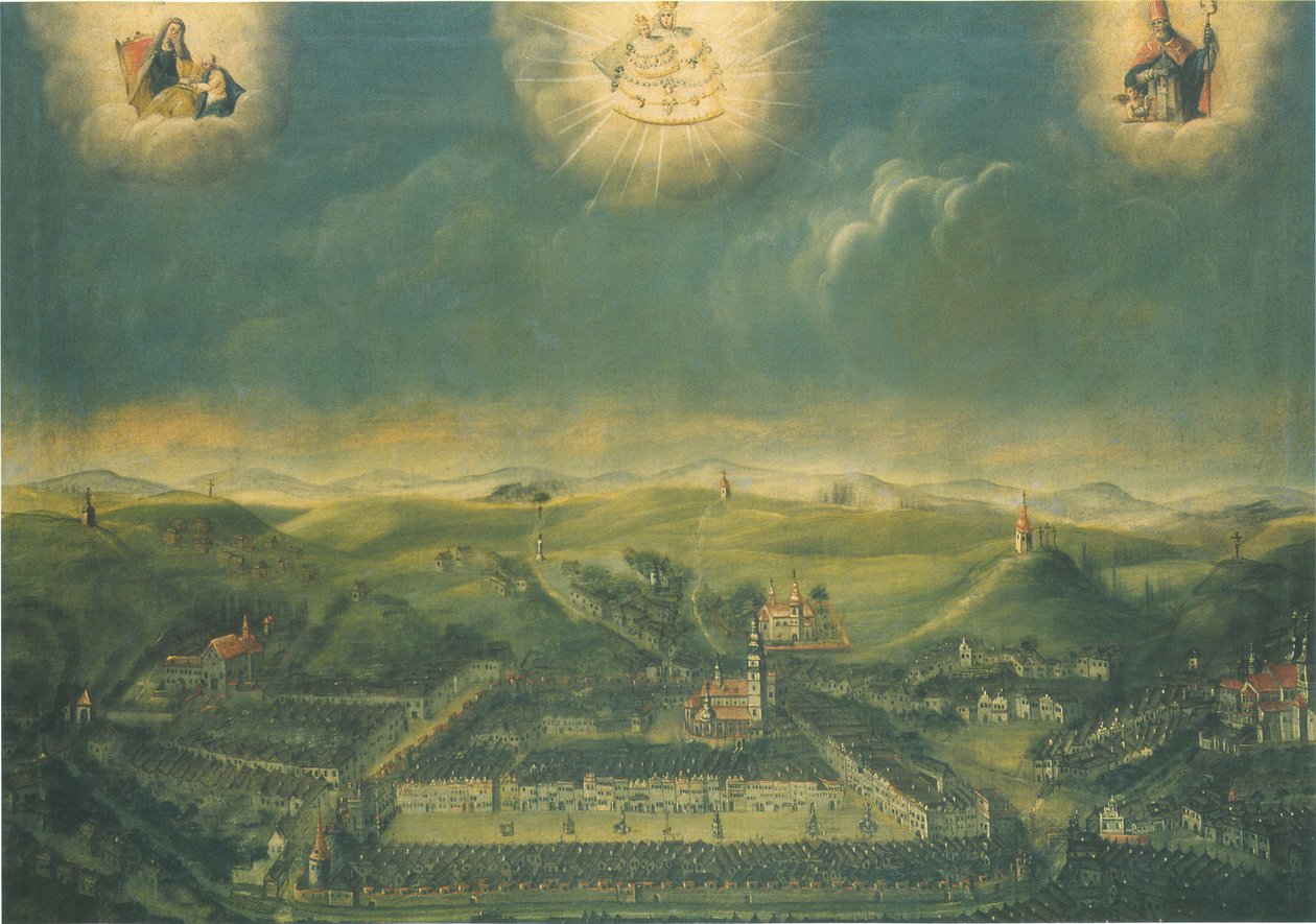 Tšekin kaupungin Třebíč maalaus, tehty vuonna 1677 Mariazellissa Itävallassa tekijältä Unknown
