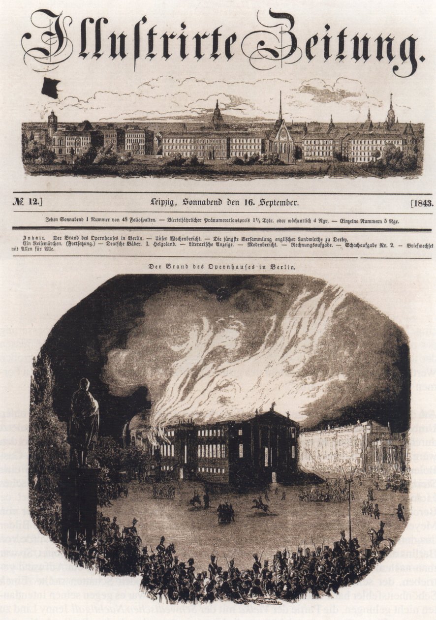 Titelseite der Leizpiger Illustrirten Zeitung, 16. syyskuuta 1843, Abbildung des Brands des Berliner Opernhauses am 18. elokuuta 1843 tekijältä Unknown