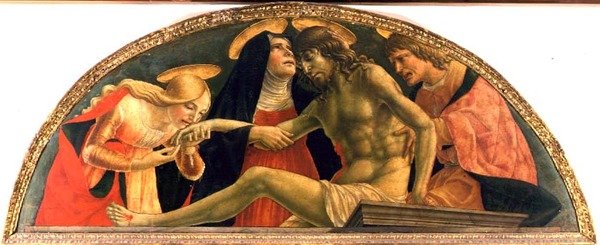 Pieta, Kuollut Kristus, n. 1491 (tempera paneelissa) tekijältä Lorenzo da  Sanseverino
