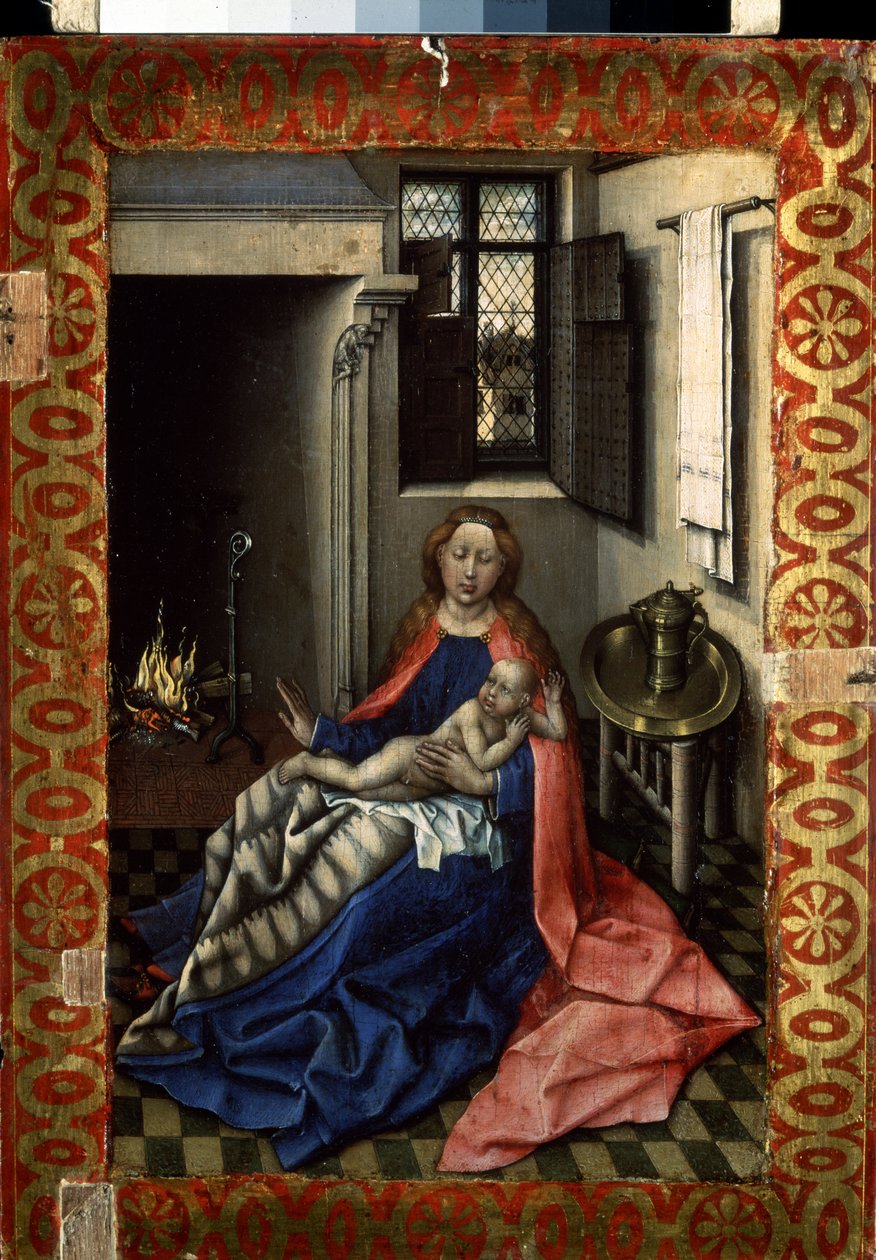 ""Madonna ja lapsi lähellä takkaa"" (Neitsyt ja lapsi takan ääressä) Diptyykin oikea ruutu. Flemallen mestarina (1375-1444) tunnetun Robert Campinin maalaus puulle noin 1430 Mitat 34,3x24,5 cm Eremitaaši, Pietari tekijältä Master of Flémalle
