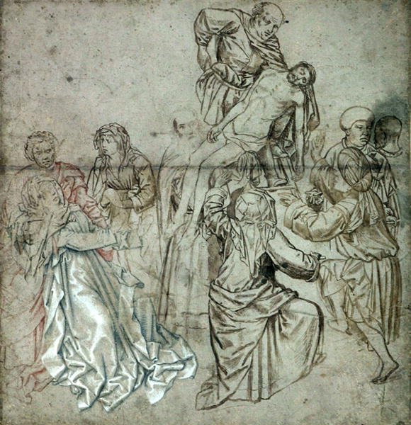 Campinin kadonneen triptyykin keskipaneeli, mahdollisesti piirtänyt Vranck van der Stock (1424-95) (kynä ja liitu paperille) tekijältä Master of Flémalle