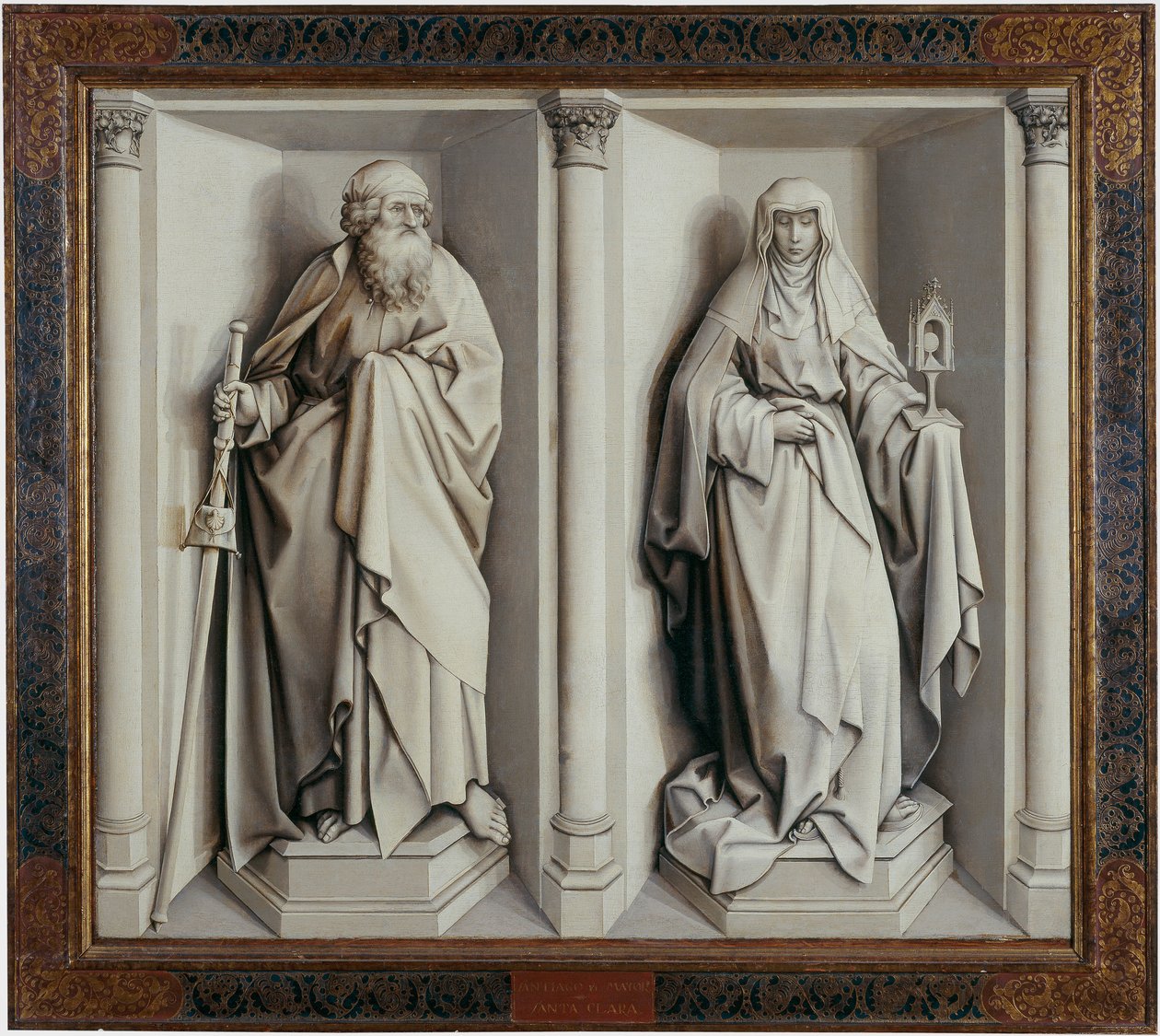 ""Neitsyen häät"" Verso Flemallen mestarina (1375-1444) tunnetun Robert Campinin puumaalaus 1420 Mitat 0,77x0,88 m Madrid, Prado-museo --- Neitsyen häät. Flemalle-mestarina tunnetun Robert Campinin maalaus puulle (1375- tekijältä Master of Flémalle
