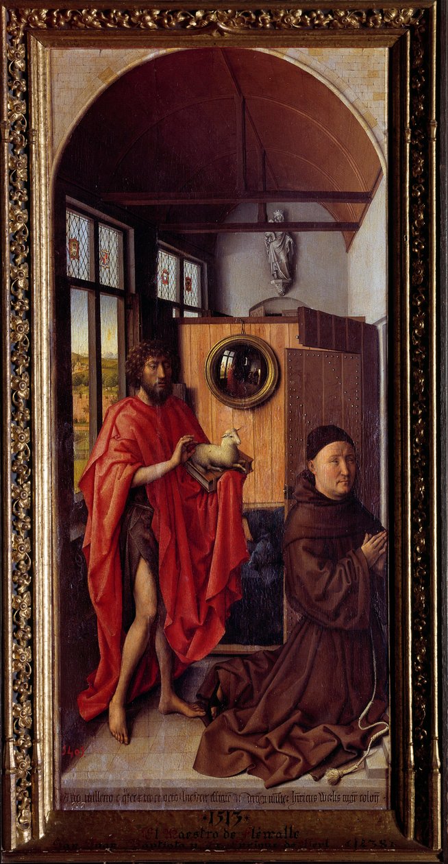 Pyhä Johannes Kastaja ja fransiskaanisen veli Henri de Werl Robert Campinin puumaalaus nimeltä Flemallen mestari (1375-1444) 1438 Sun. 1,01x0,47 m Madrid, Prado-museo tekijältä Master of Flémalle
