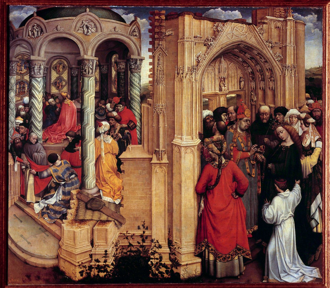 Robert Campinin Flemallen mestariksi (1375-1444) kutsuma puumaalaus Neitsyen häät 1400-luvun aurinko. 0,77 x 0,88 m Madrid, Prado-museo - Neitsyen häät. Flemallen mestarina tunnetun Robert Campinin (1375-144) maalaus puulle tekijältä Master of Flémalle