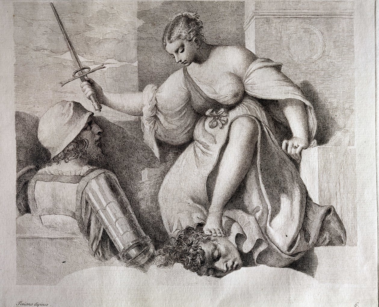 Salome ja Johannes Kastajan pää. Vasemmassa alakulmassa teksti "Tiziano Dipinse". Giorgio da Castelfrancon eli Giorgionen (1476/1478-1510) kaiverrus. Kunsthistorisches Institute, Firenze. tekijältä (1476/8 1510) Giorgione