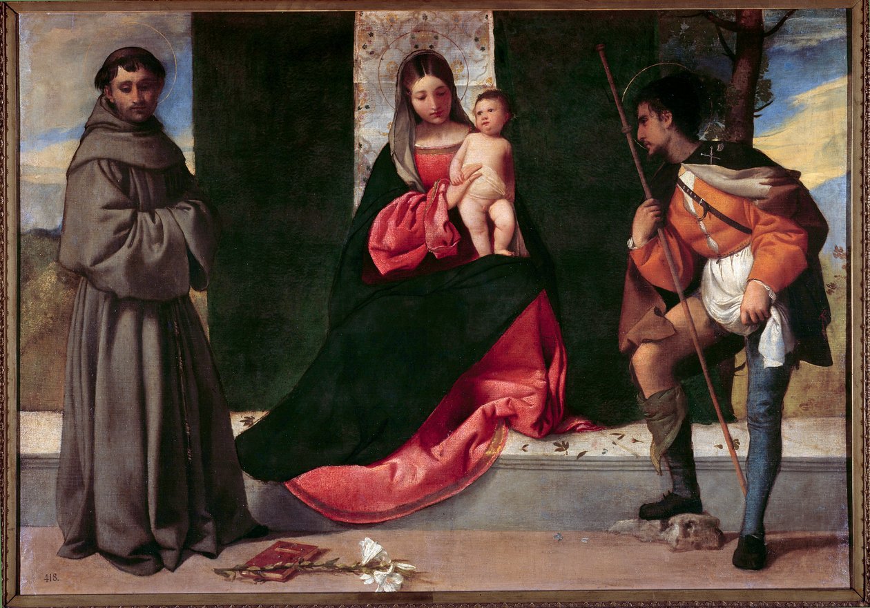 Neitsyt ja lapsi Pyhän Anthony Padovalaisen (san antonio di padova) ja Giorgio Barbarelli da Castelfranco dit Giorgionen (1477-1510) maalauksen Saint Roch välillä. 1500-luvun aurinko. 0,92x1,33 m Madrid, Prado-museo tekijältä Giorgione