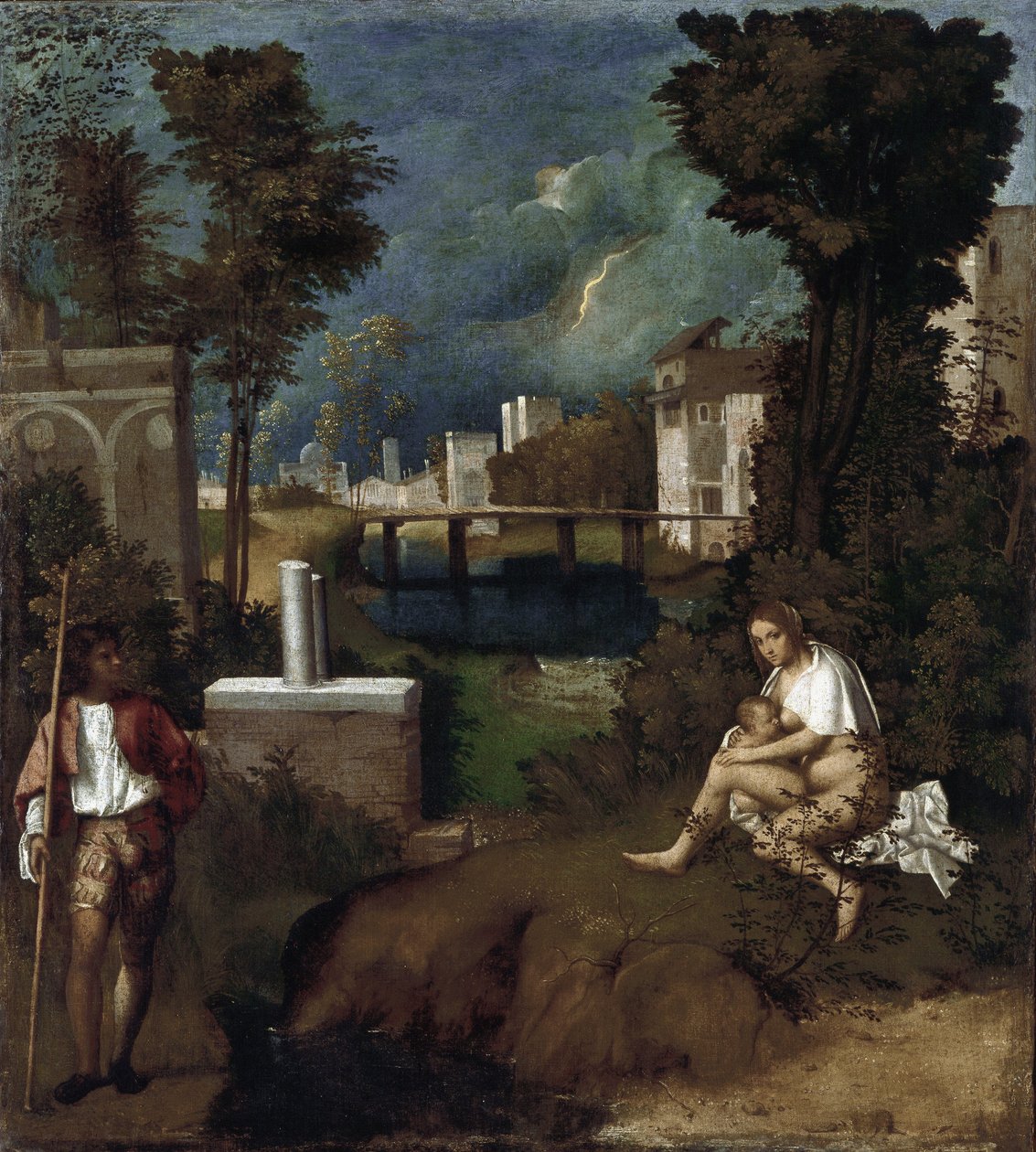Myrsky. Yksityiskohta lastaan imettävästä naisesta ja maisema - öljy kankaalle, noin 1505-1506 tekijältä Giorgione