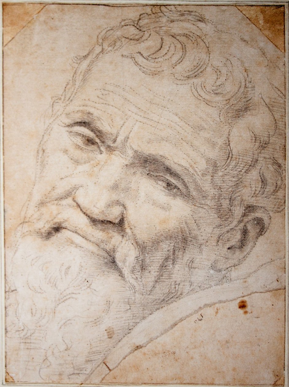 Michelangelo Buonarrotin muotokuva. Hiili, liitu paperille, n. 1550 tekijältä Daniele da  Volterra