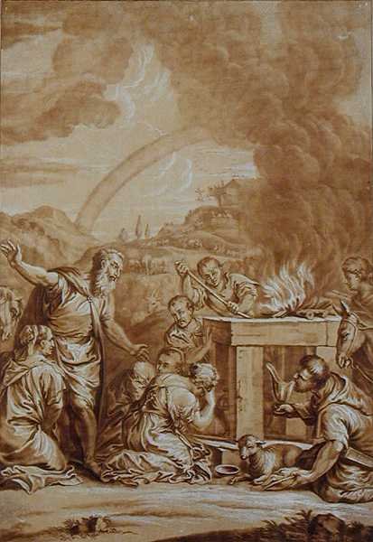Nooa vedenpaisumuksen jälkeen, kaiverrettu Elishah Kirkhallin (1682-1742) toimesta (värilitografia). tekijältä Veronese