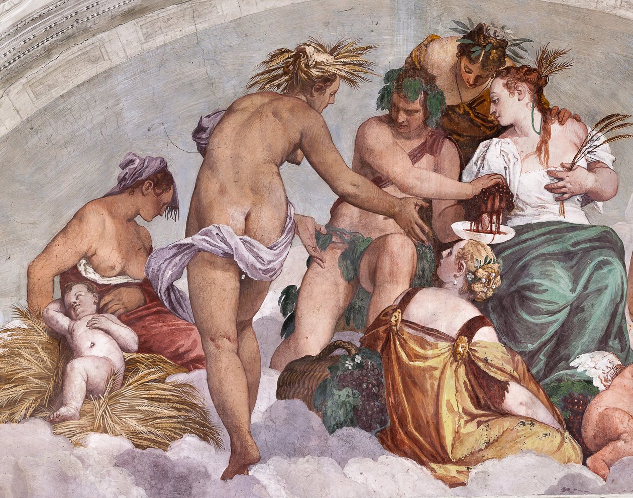 Allegoriat kesästä ja syksystä (Bacchus ja Ceres), pohjoinen muuri, lunette puutarhan oven yläpuolella, Olympuksen sali tekijältä Veronese