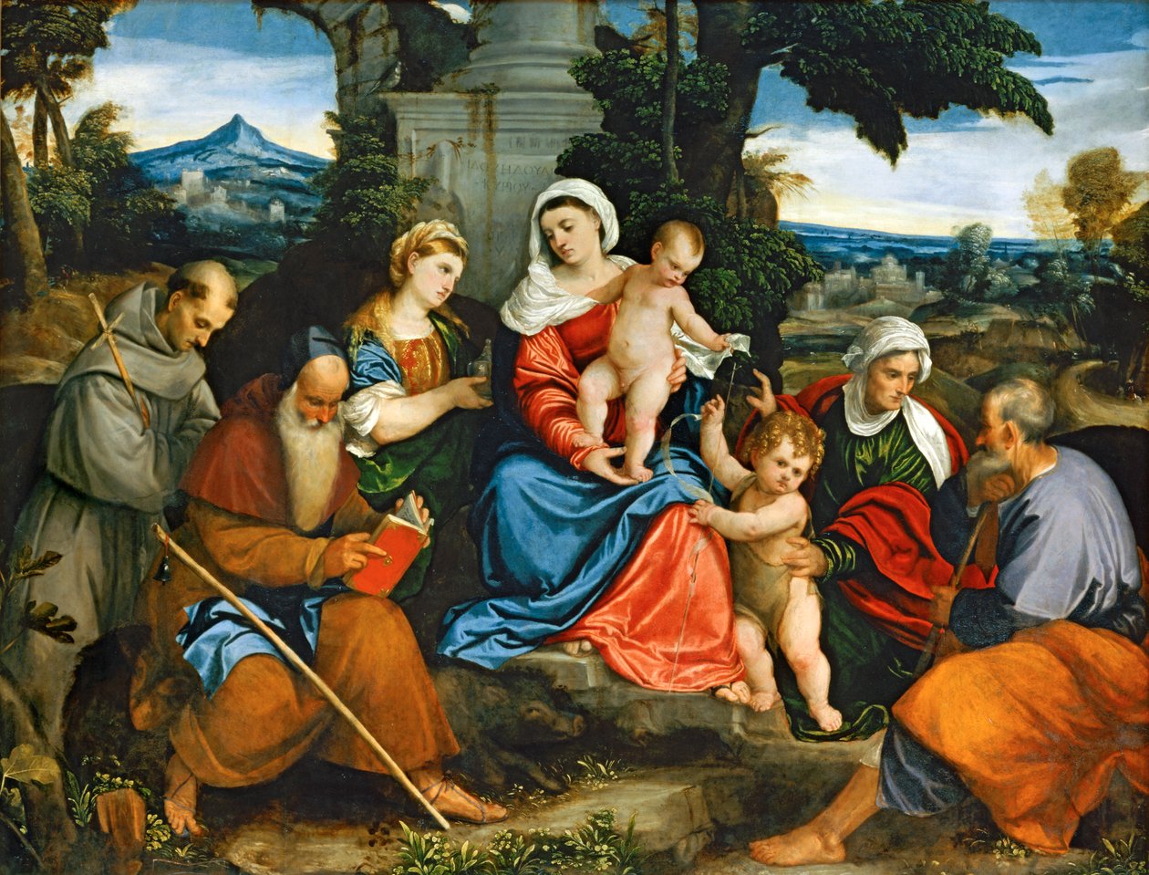 Pyhä perhe ja pyhät Franciscus, Antonius, Magdaleena, Johannes Kastaja ja Elisabet ... tekijältä (1528-88) Veronese