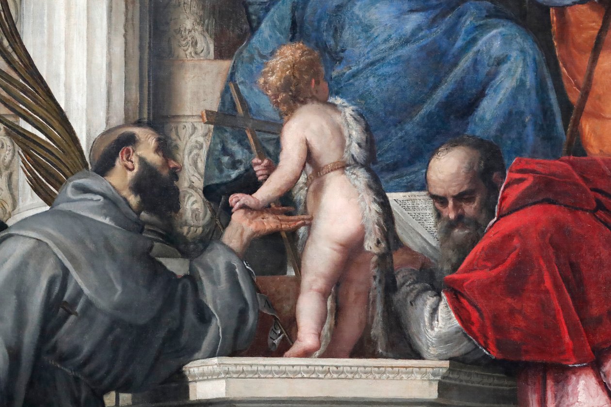 Madonna ja lapsi pyhien Josephin, Justinan, Franciscuksen, Johannes Kastajan ja Hieronymuksen kanssa tekijältä Veronese