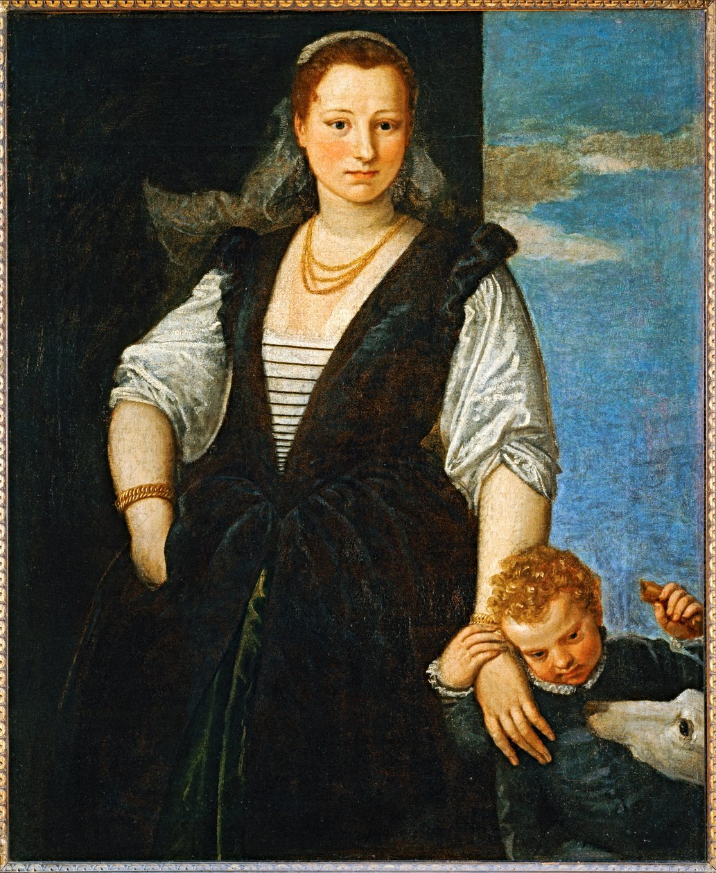 Naisen muotokuva lapsen ja koiran kanssa - Portrait de femme avec un enfant et un chien ... tekijältä (1528 88) Veronese