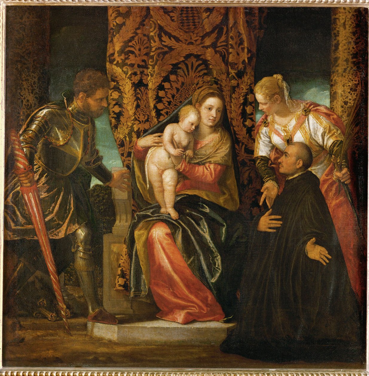 Pyhä Maria ja Jeesus Pyhän Yrjön ja Pyhän Justiinin välissä polvistuvan benediktiinimunkin kanssa ... tekijältä (1528 88) Veronese